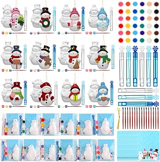 Soulchen 12 Sets Christmas Snowman Plaster Ceramics to Paint Kits Christmas Painting Kit for Kid with Bubble Wand Paint Your Own Ceramic Painting Xmas Birthday Goodie Bag Paintable Gift Prize Girl Boy