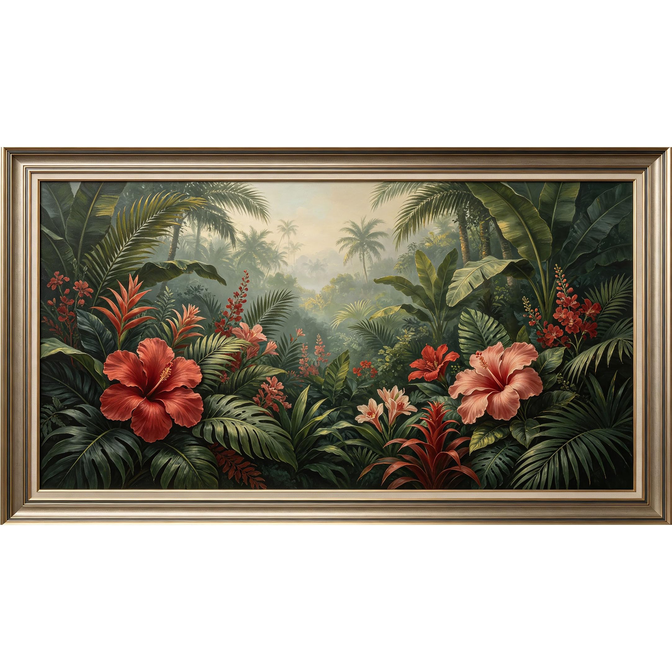 QZLITHOTIC 50x90cm3D Framed Wall Art， Tropical Jungle Hibiscus Flowers Botanical Landscape Self‑Adhesive Mural， Water‑Activated Peel & Stick Fabric Decor Wall Decal for Bedroom Living Room