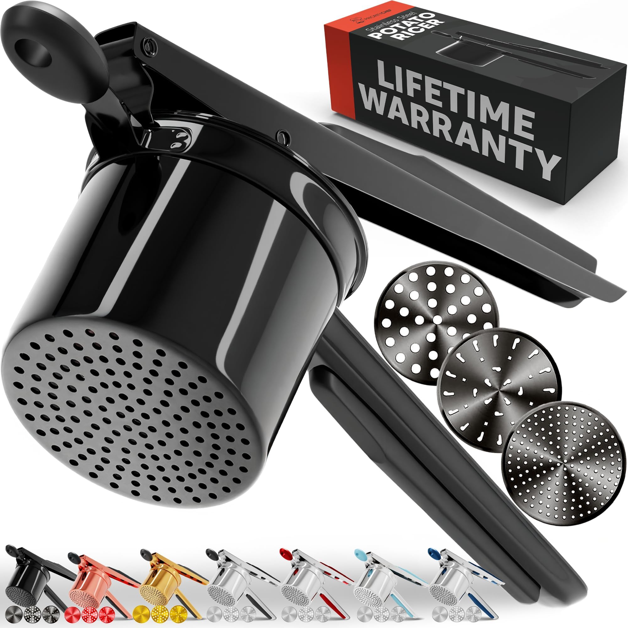 PriorityChef Large 15oz Potato Ricer With 3 Discs, Heavy Duty Stainless Steel Potato Ricer for Mashed Potatoes, Potato Masher, Press and Ricer Kitchen Tool, All Black