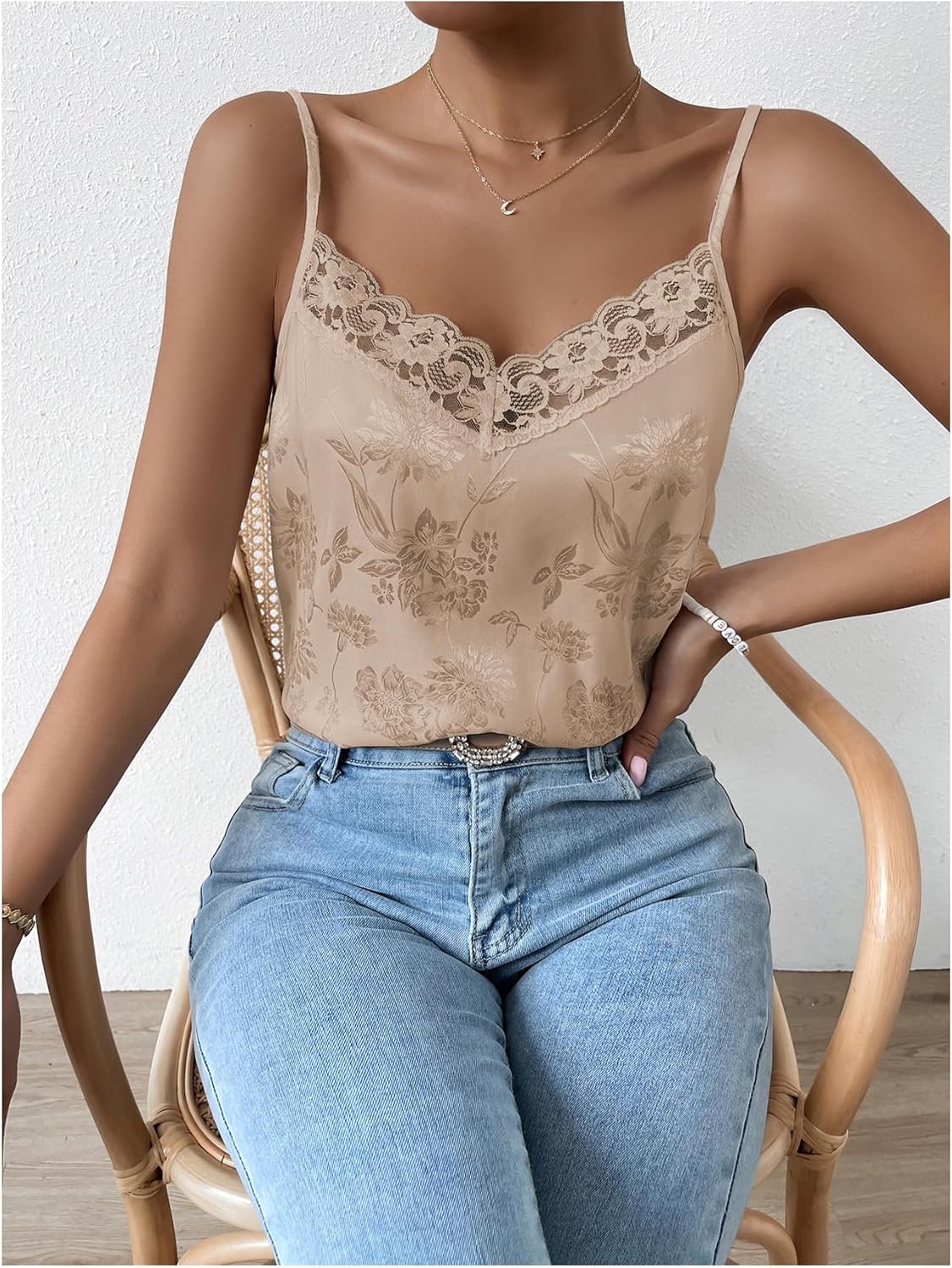 SweatyRocks Women's Satin Camisole Floral Jacquard Lace Pajama Tank Tops Spaghetti Strap Sleepwear - Image 4