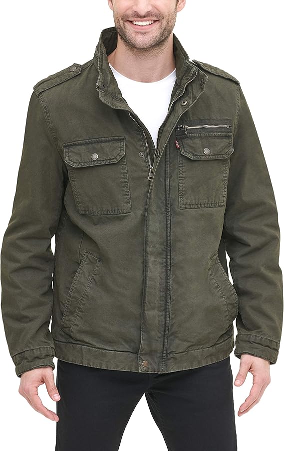 Levi's Men's Big & Tall Washed Cotton Military Jacket, Olive, 2X Big