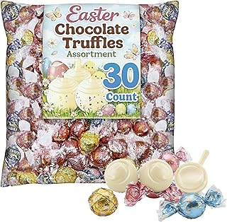 Easter Chocolate Truffles Assortment, 30 Count, Assorted White Chocolate Spring Edition Mix of 3 Flavors Vanilla, Birthday Cake, Cookies & Crème in Pink, Gold and Blue Foils, Chocolate Candy Gift, Easter Basket Stuffers