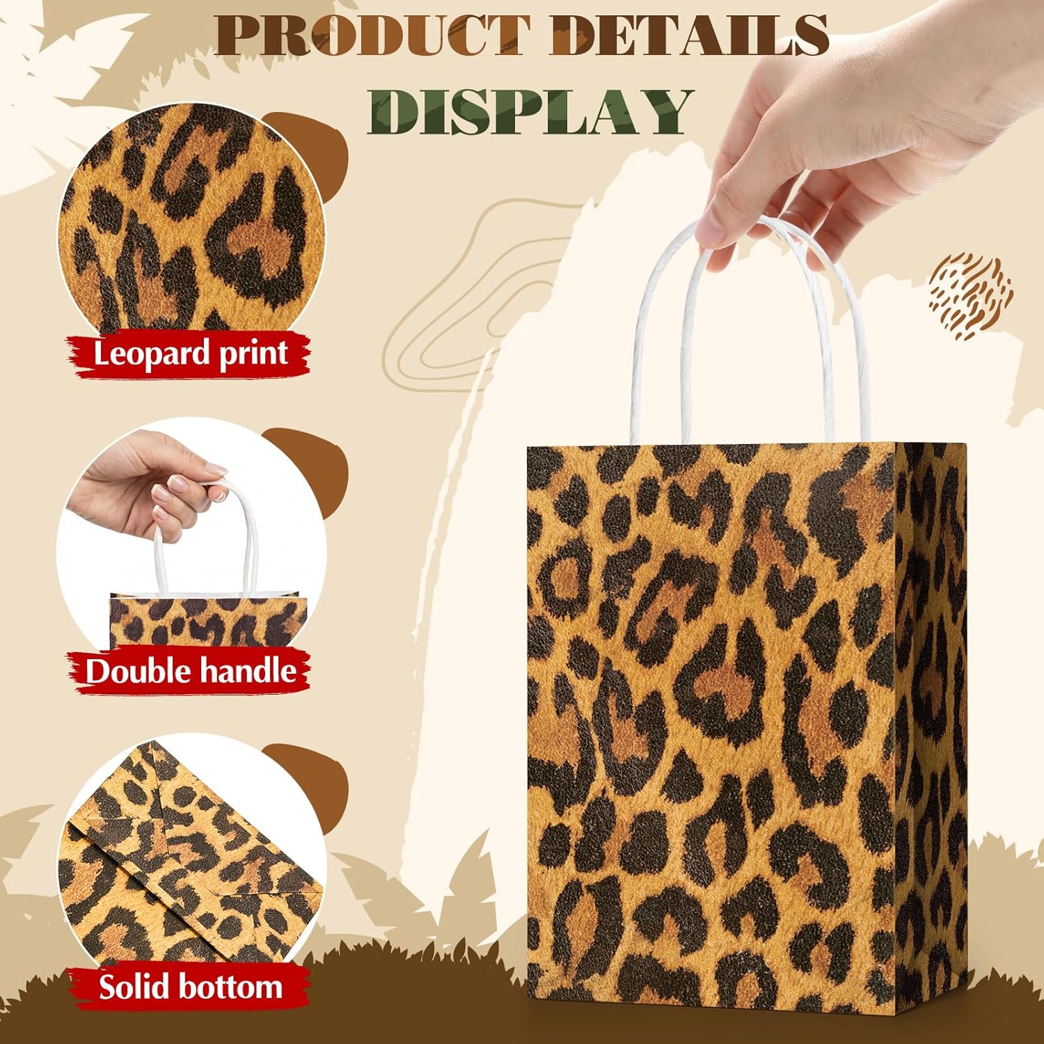 Sepamoon 30 Pcs Cheetah Print Gift Bags with Red Tissue 8 x 6 x 3 Inch Jungle Safari Party Favor and Handles Leopard Treat Goodie Animal Print Kraft Paper Bags for Party Decoration Supplies