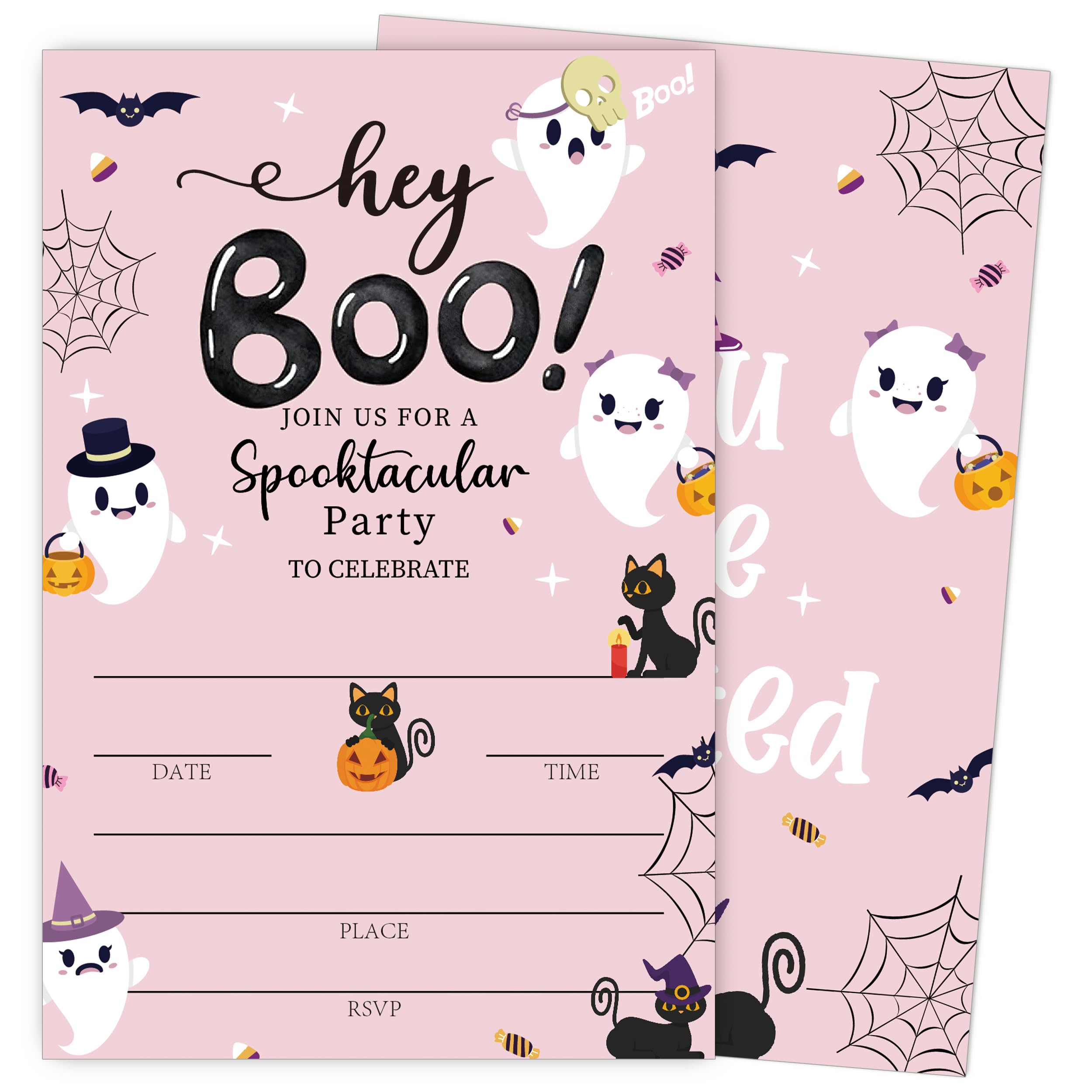 SIXEIGHT Pink Hey Boo zaproszenia na imprezę Halloween, uroczy duch kot zaproszenia na Halloween dla chłopców dziewcząt, 25 sztuk różowych kartek z zaproszeniami z kopertami, dekoracje na ślub