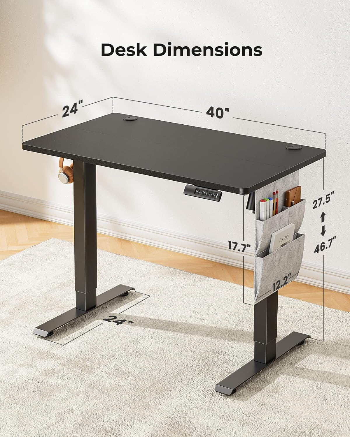 Marsail Electric Adjustable Height Standing Desk with Storage Bag, 40 * 24" Sit Stand Up Desk for Home Office,Computer Gaming Workstation, 4 Memory Height Settings,Cable Manager, and Headphone Hook