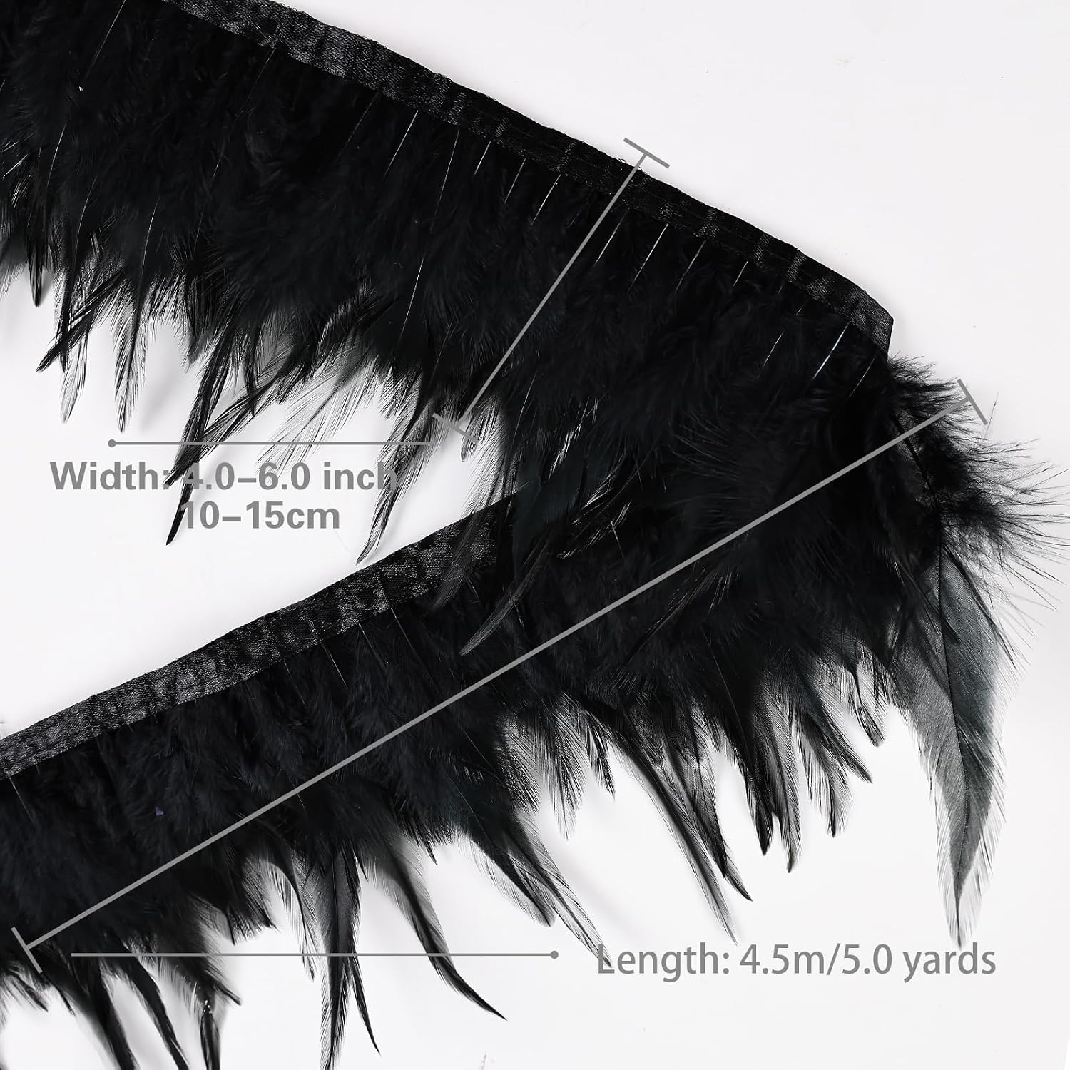 Black Rooster Feather Fringe Trim 14.7ft 3-5inch Fluffy Feathers Trim Fashion Dress Sewing Crafts,Gloves,Feather Shawl Cape, DIY Handbag and Wedding Decoration