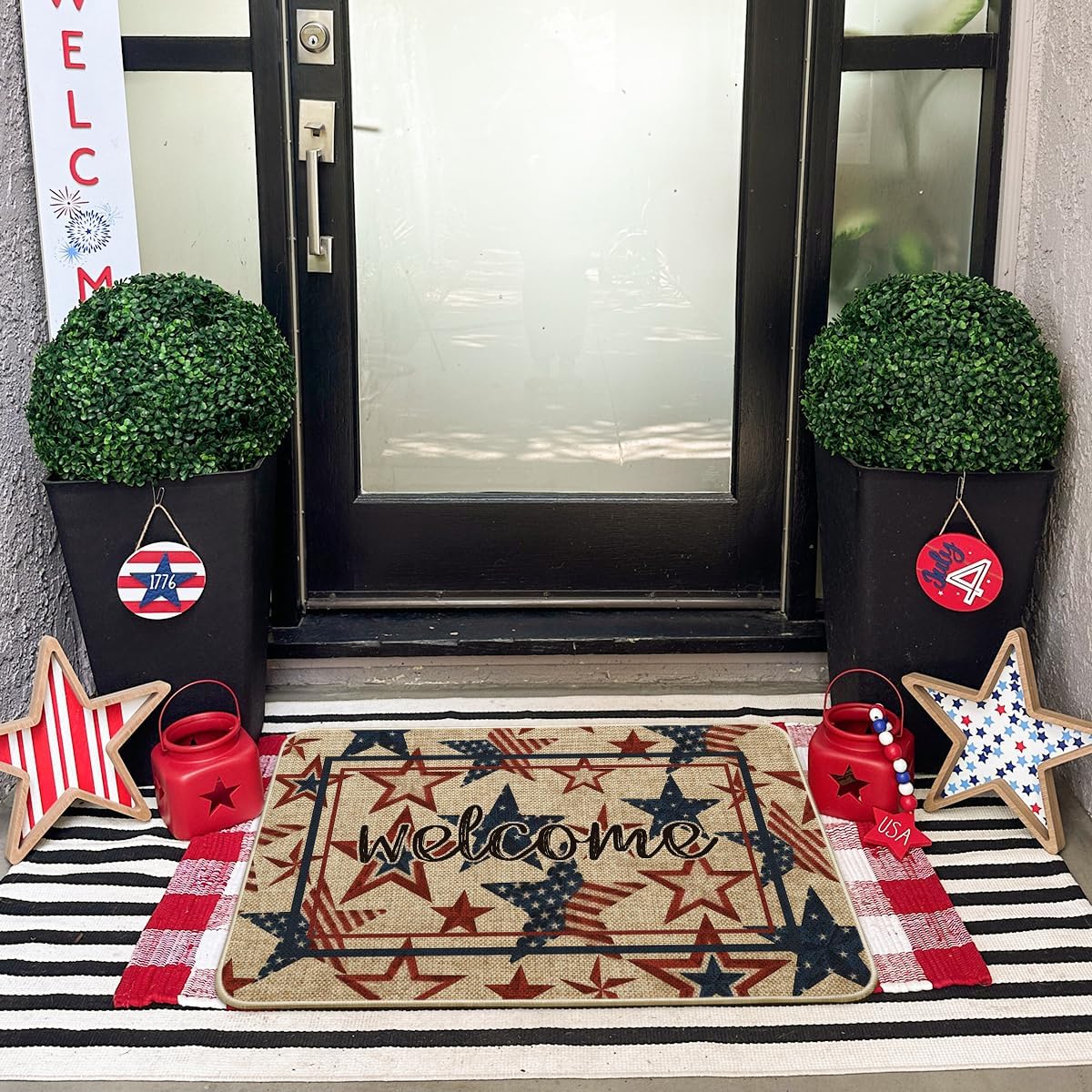 Artoid Mode America Stars Memorial Day Welcome Doormat, 4th of July Patriotic Independence Day Low-Profile Floor Mat Switch Mat for Indoor Outdoor 24x35 Inch