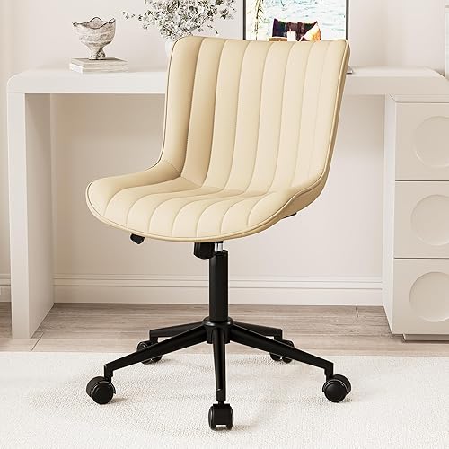 Kidol & Shellder Silla de escritorio de piel beige con ruedas, moderna y bonita silla giratoria ejecutiva sin brazos con respaldo acolchado cómodo,