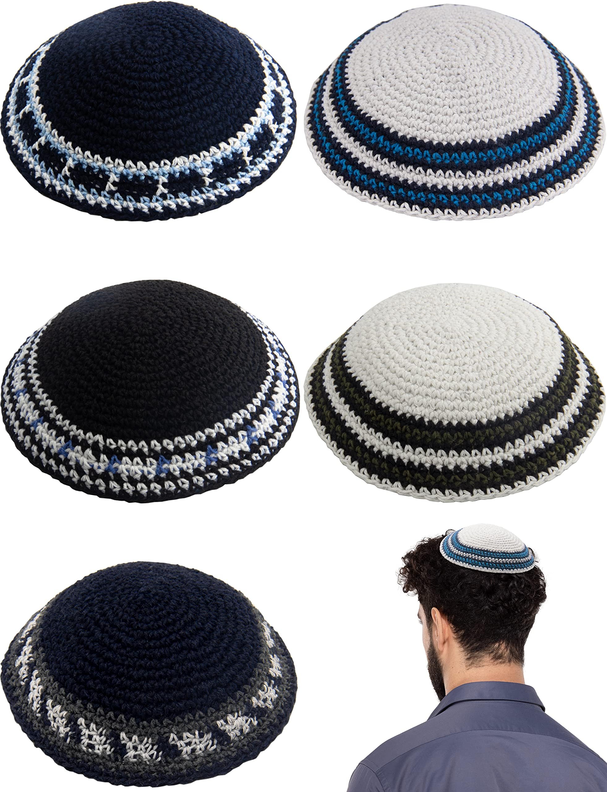 Pack of 5-Pcs - Hq Mix Colors Handmade Knitted Kippah for Men Boys and Kids, Yamaka Hat from Israel - Kippot Bulk (White Black Blue)