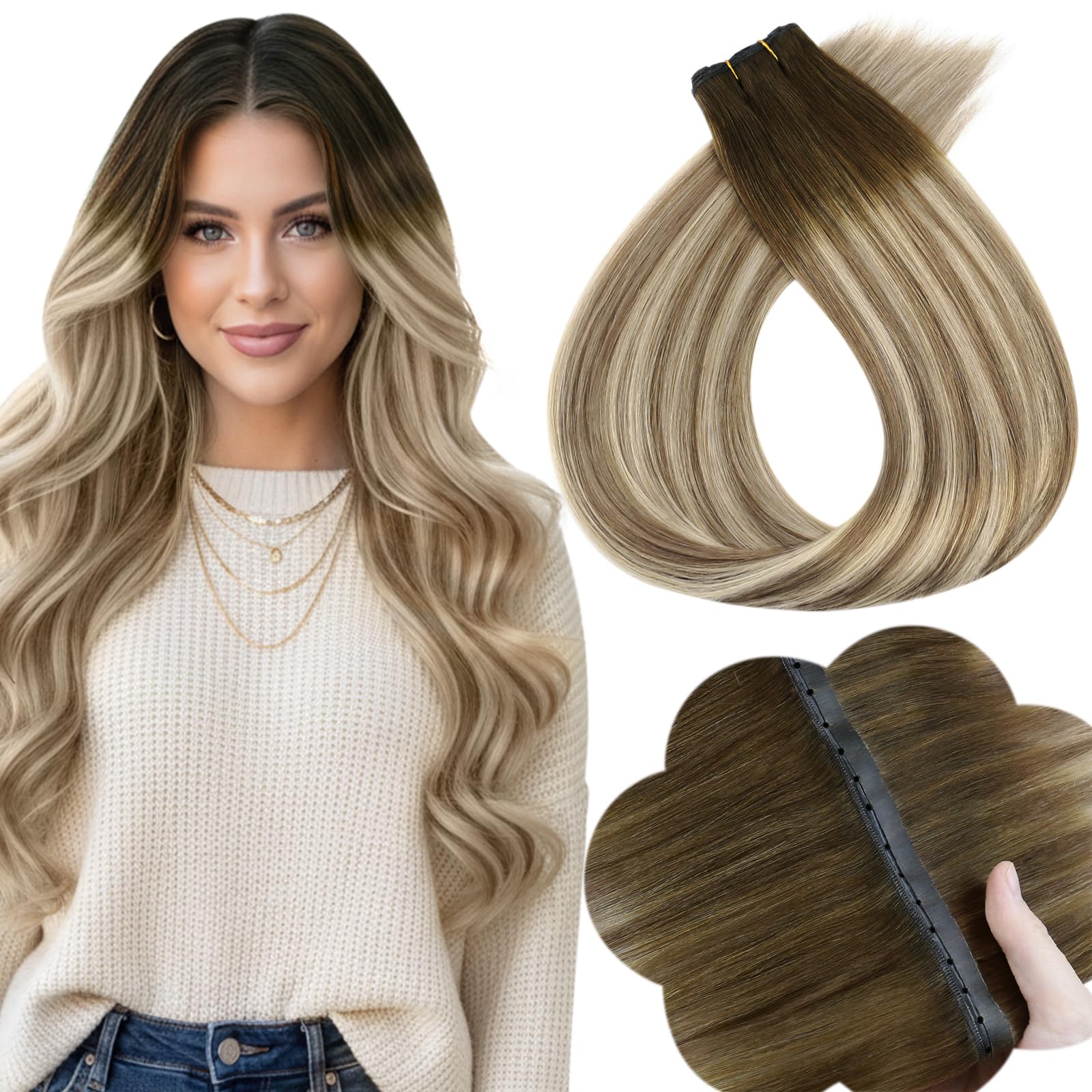 Full Shine Butterfly Weft Extensions 18 Inch 50 G Balayage Olive Brown to Ash Brown Mix Blonde Micro Beads Butterfly Extensions Invisible Double Sided Layered Hairpiece Add Length