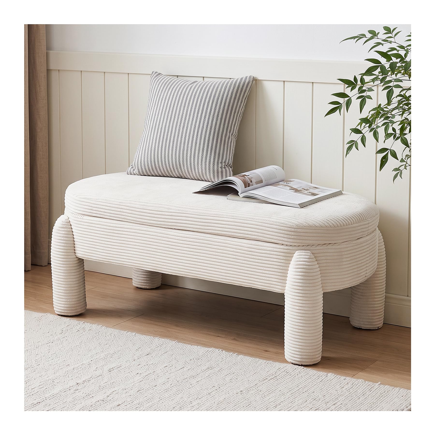 INMOZATA Corduroy Storage Ottoman,Oval Footstool with Storage