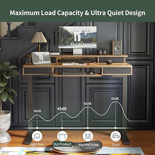 Miniatura 8 de FEZIBO Escritorio eléctrico de pie ajustable en altura con 4 cajones y bandeja para teclado, mesa de 55 x 24 pulgadas con estante de almacenamiento,