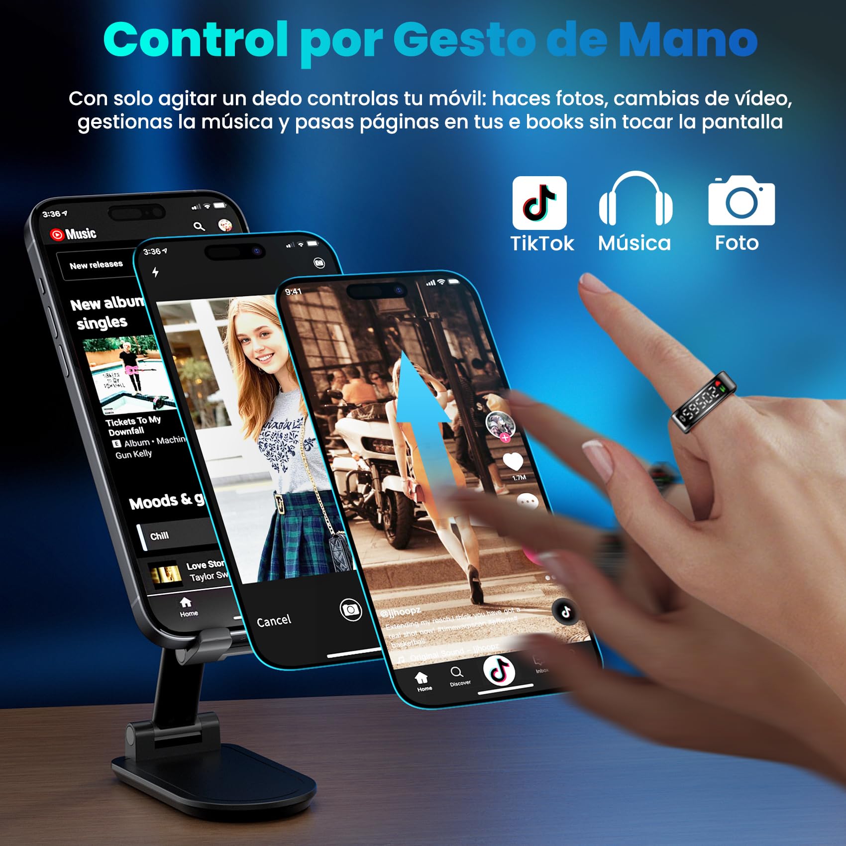 Smart Ring con Pantalla LED, Health Fitness Ring Tracker IP68, iOS Android, Negro, 11