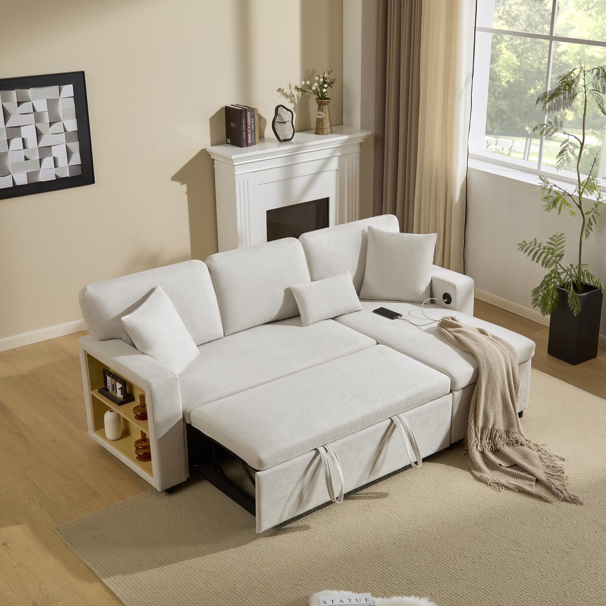 Sofá chaise longue de terciopelo en forma de L con función de cama, sofá chaise longue con espacio de almacenamiento, con soporte para vaso, sofá cama de salón o cama, chaise longue intercambiable a