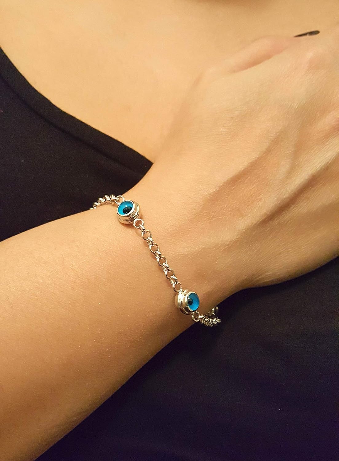JEWEE DIAMOND 14k Gold Evil Eye Bracelet - Real Gold Rolo Chain with Blue Eyes - Protection Jewelry, Nazar Charm, Gift for Her