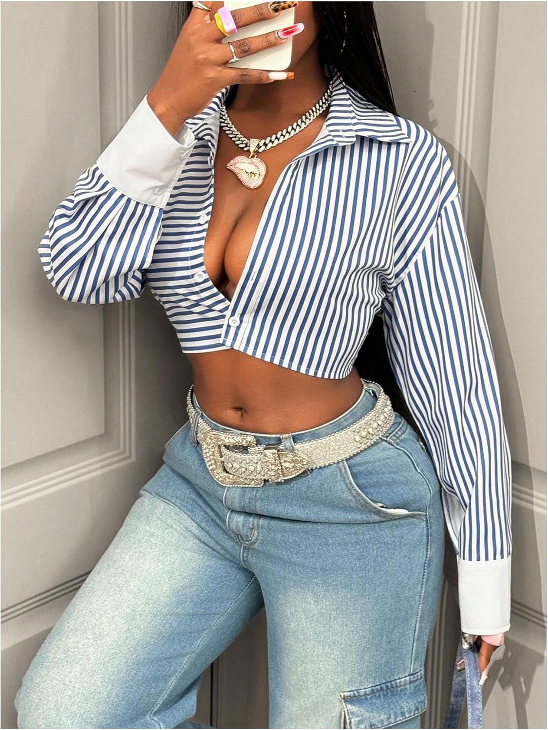 Floerns Women's Striped Long Sleeve Shirts Button Down Colorblock Dressy Casual Crop Tops - Image 2
