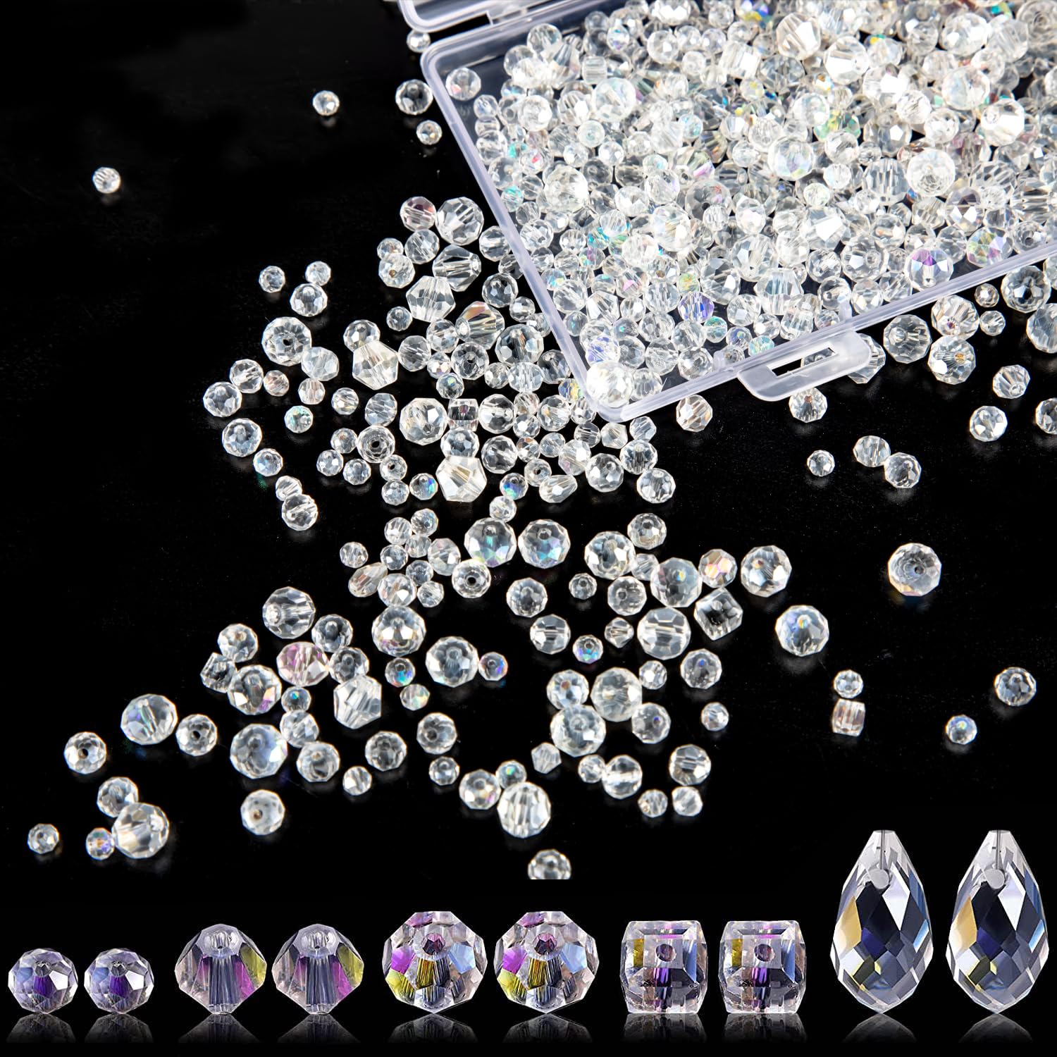 600 Pcs Crystal Glass Beads - 5 Shapes, 3 Sizes Assorted, Faceted Teardrop, Clear, Set for DIY Crafts