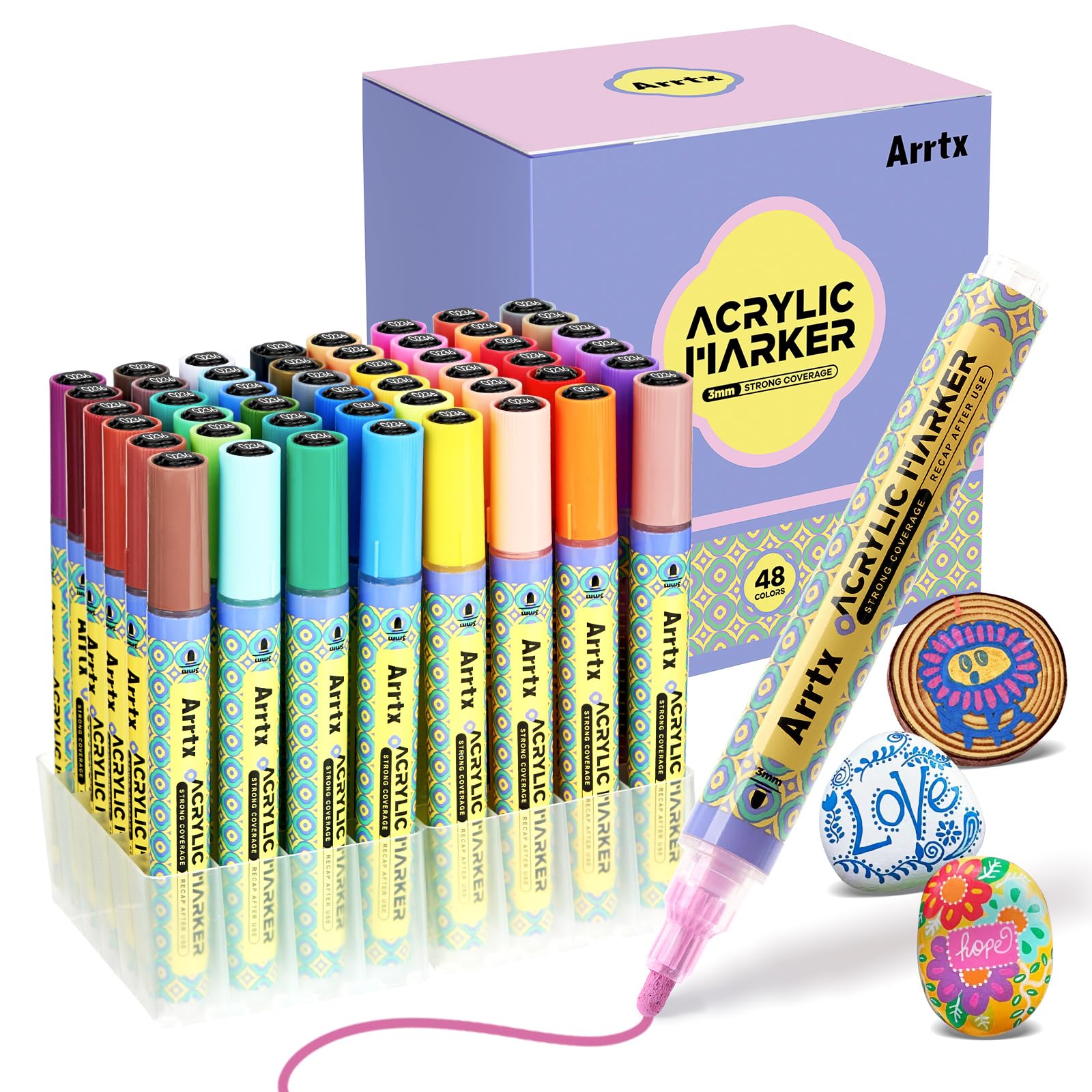 Arrtx 48 Colors Acrylic Paint Pens, 3mm Medium Tip Paint Markers Paint Pens, Non Toxic, Waterbased, Quick Drying for Artists Detailing, Rock Painting, Wood, Canvas, DIY Crafts Making Art Supplies