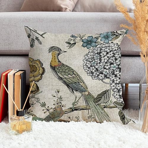Miniatura 4 de ArogGeld Funda de cojín para sofá de granja chinoiserie, color amarillo, gris, con hortensias, camelia y pavo real, funda de cojín asiática europea