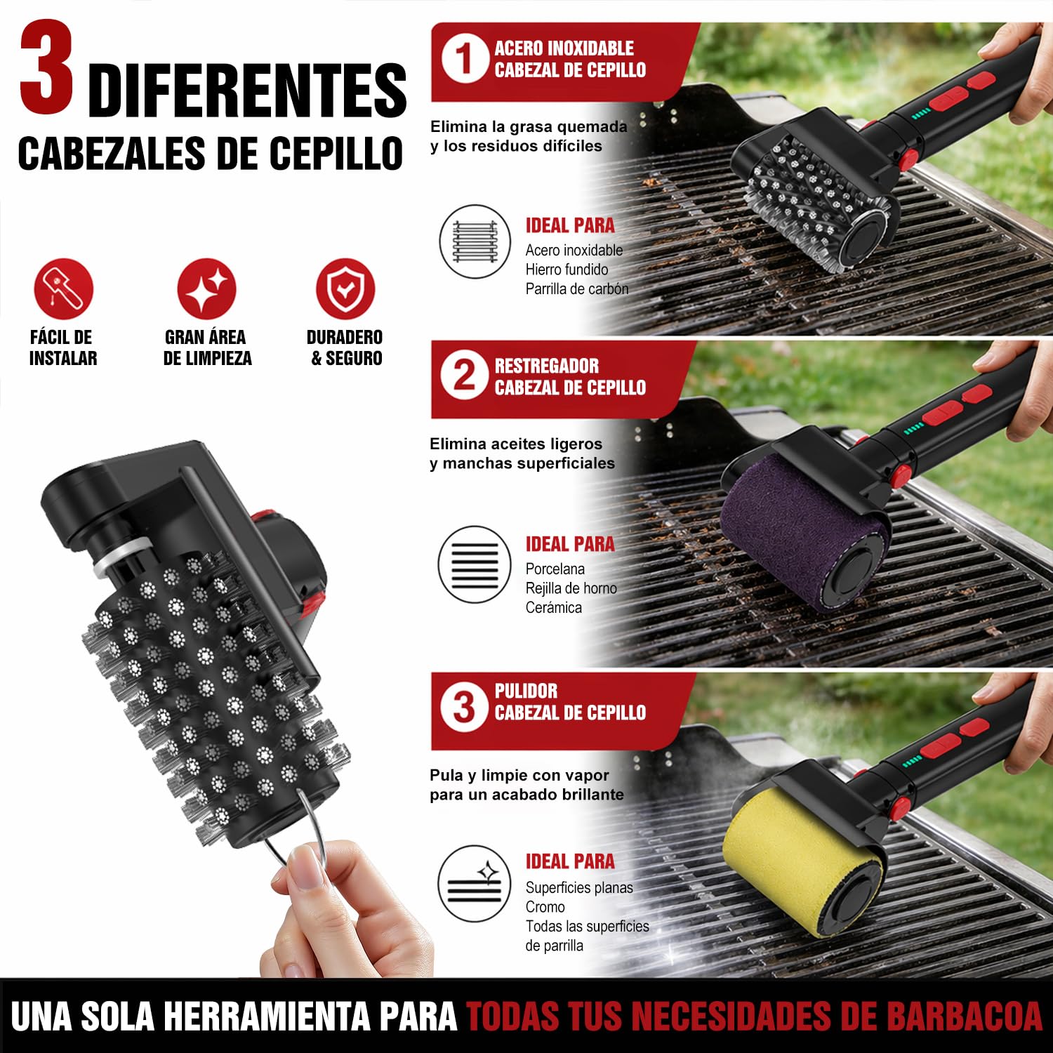 Cepillo Electrico Barbacoa,Recargable Limpiador Barbacoa con 3 Velocidades, Elimina Grasa Quemada, Autonomía de 150+ Minutos e Impermeable, Limpieza Sin Esfuerzo para Parrillas Exteriores
