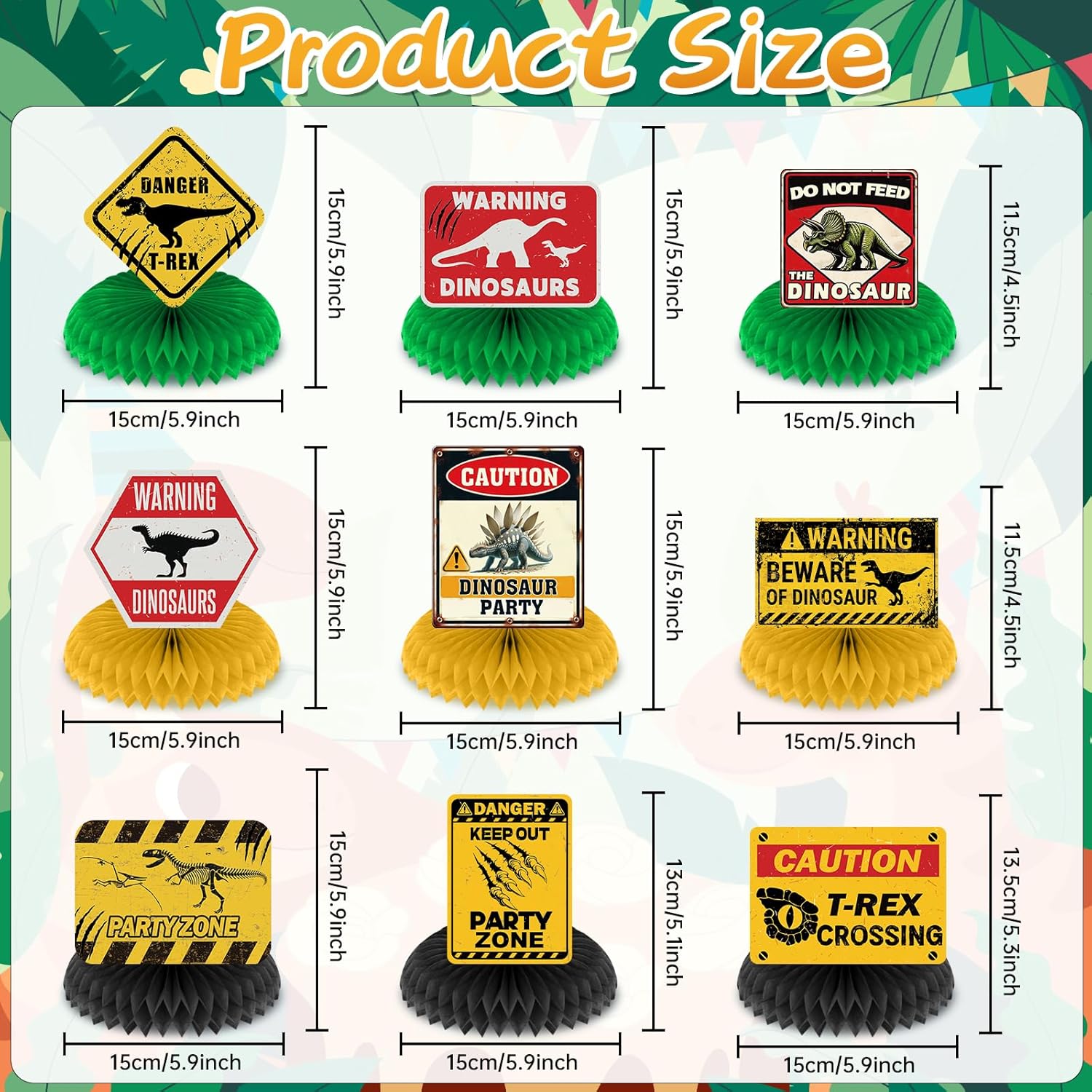 Funny Dinosaur Party Decorations 9Pcs Dinosaur Birthday Honeycomb Centerpieces Jurassic Dino Table Topper Beware of Dinosaur Crossing Caution Logos Sign for Boys Kids Birthday Party Halloween Props