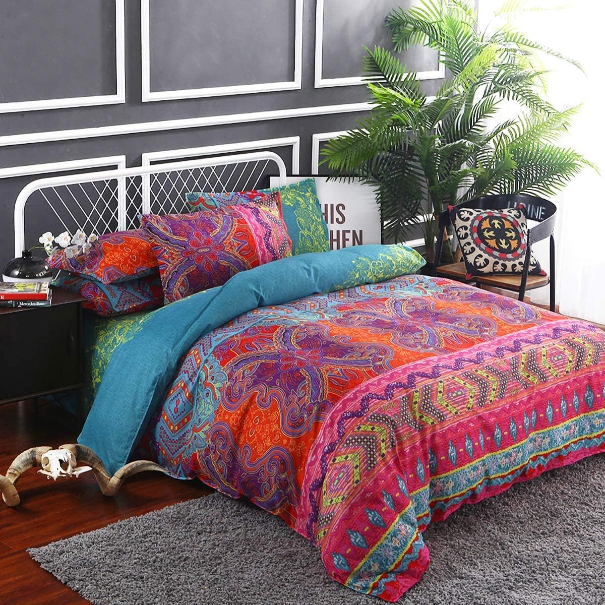 WONGS BEDDING Bohemian Comforter Set Queen, Ultra Soft Microfiber Reversible Boho Alternative Comforter Set - 3 Pieces (1 Solid Comforter + 2 Pillowcases), Bedding Duvet Set for Queen Bed - Image 2