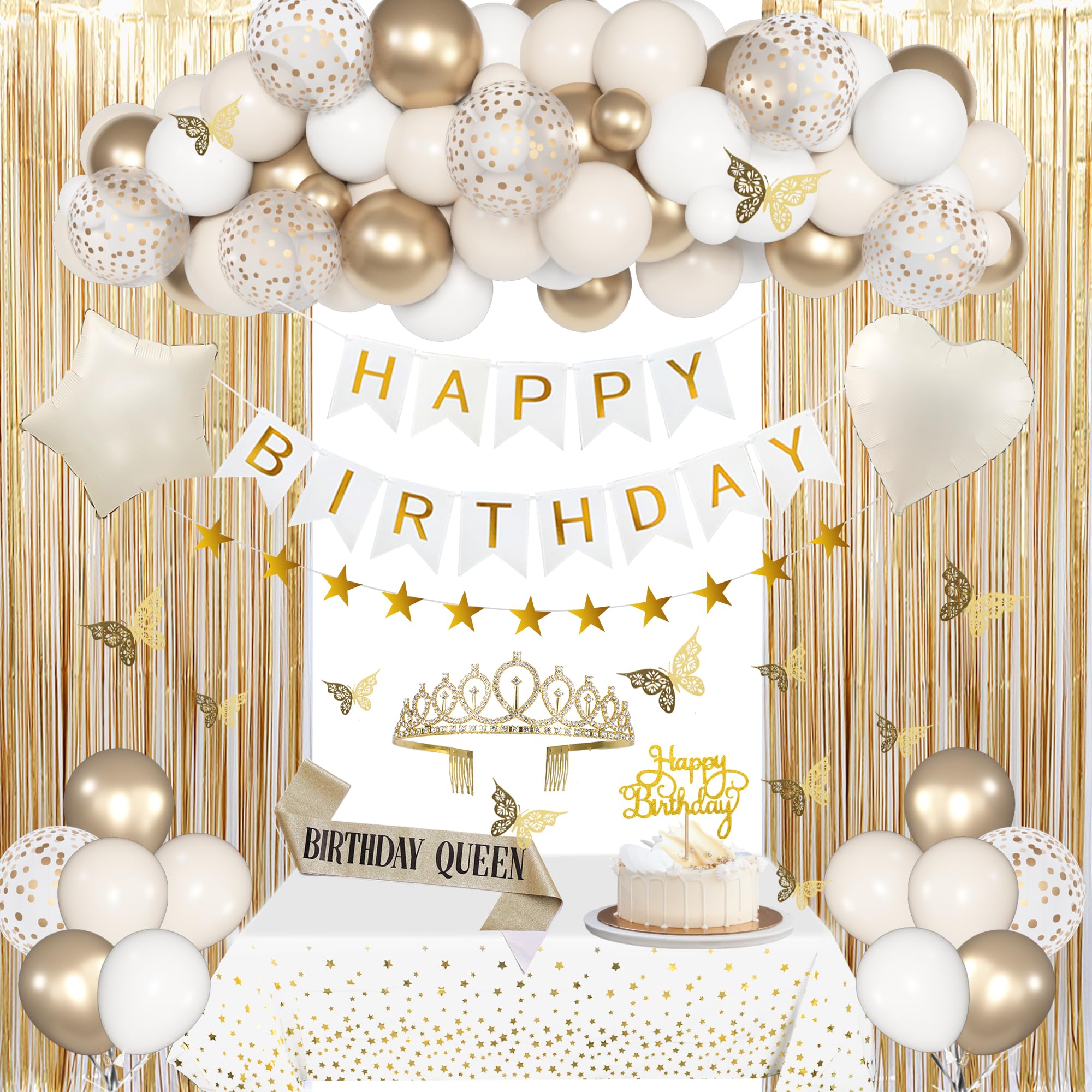 Birthday Decorations for Women, White Sand Beige Cream Neutral Gold Foil Balloons Table Cloth Sash Crown Curtains Happy Birthday Banner Golden Star