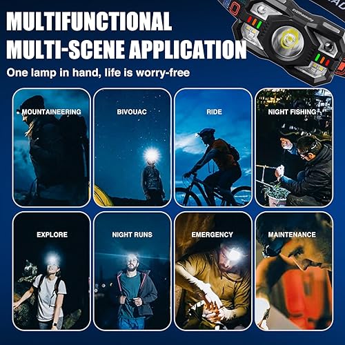 Miniatura 7 de Linterna frontal recargable, 1200 lúmenes súper brillante LED con sensor de movimiento, 10 modos, impermeable, ligera, linterna con luz roja, para