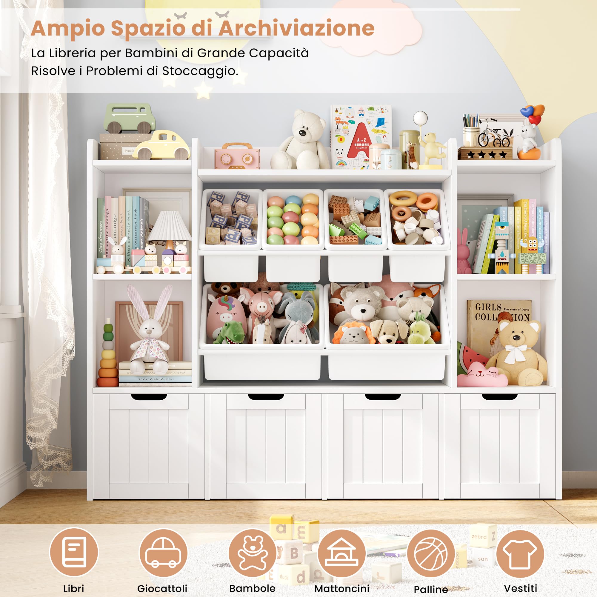 FOREHILL Scaffale per Giocattoli con Cassetti su ruote 140x30x106cm Bianco | Scaffale Portagiochi bimbi con 6 Scatole Rimovibili,Archiviazione per Peluche,Altezza adatta bimbi,Per Camerette, Sale Giochi