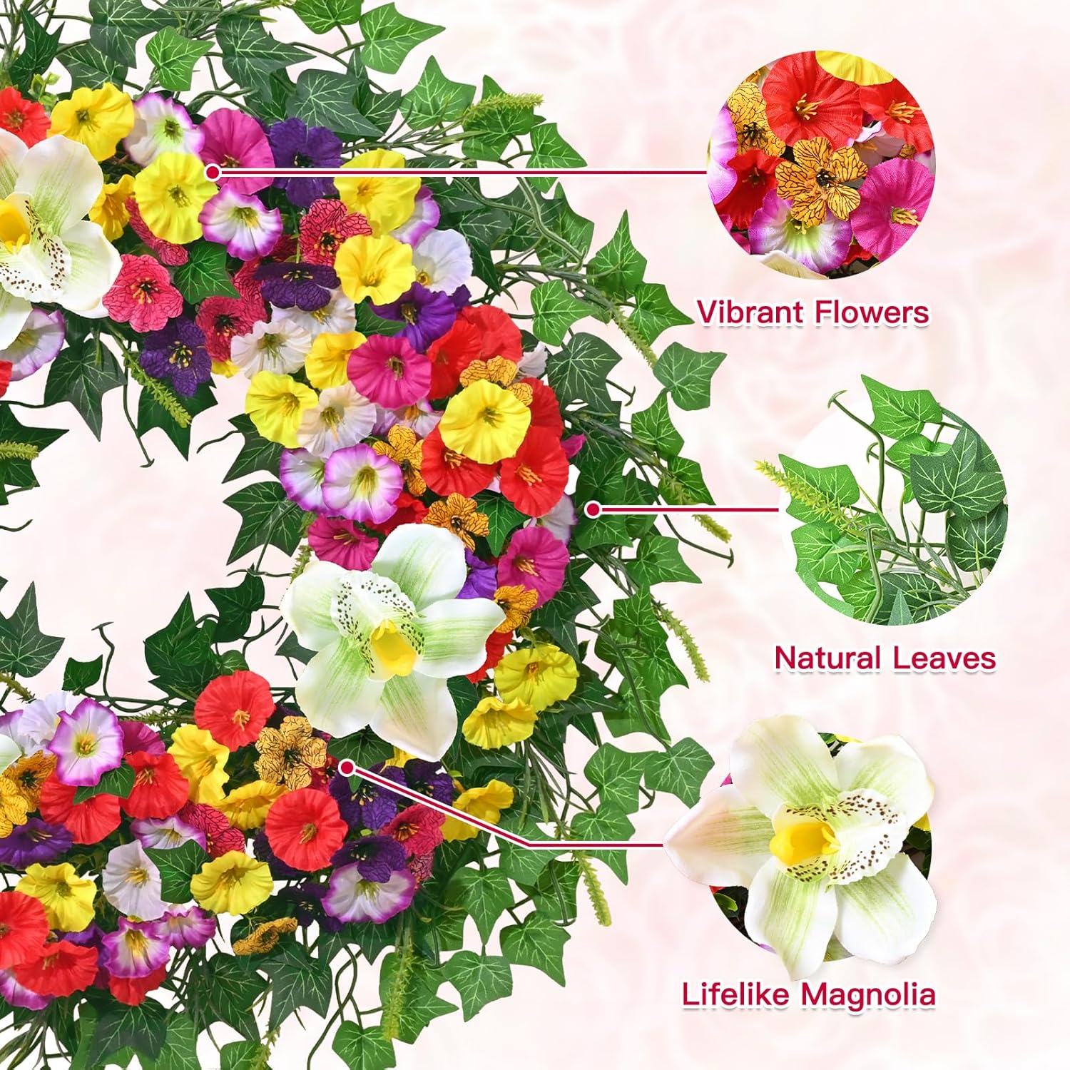 24 Inch Large Spring Summer Wreaths for Front Door, Valentines Day Door Wreath with Colorful Blossoms Magnolia Natural Leaves, Spring Summer Door Wreath for Wall Window Porch Wedding Indoor Outdoor - Image 6