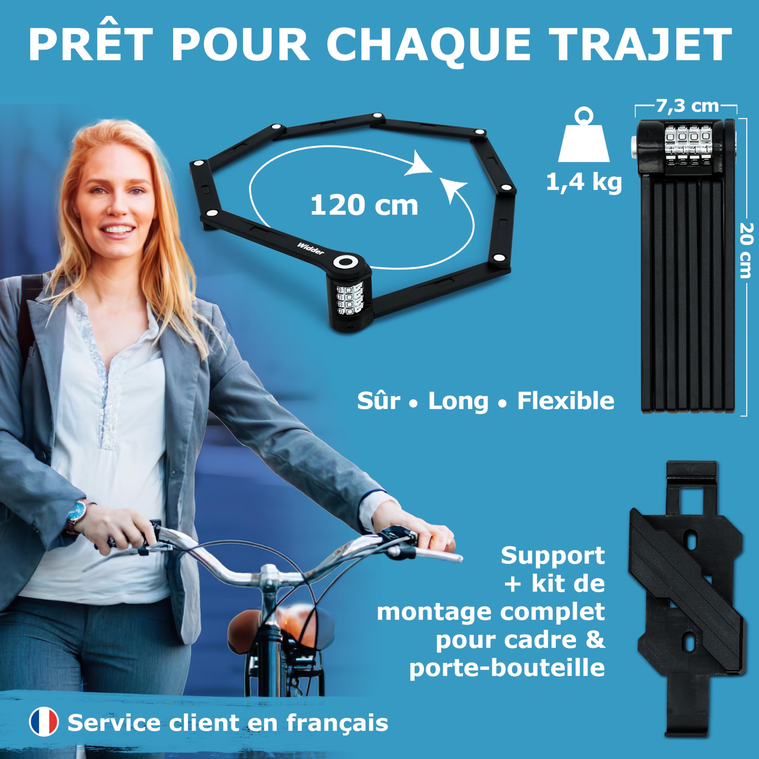 WIDDER 120cm Antivol vélo extrêmement sûr Serrure à combinaison [Niveau Titan-Acier 15] Antivol pliant vélo de 120 cm Serrure à combinaison avec support - Antivol vélo électrique & e-scooter avec code