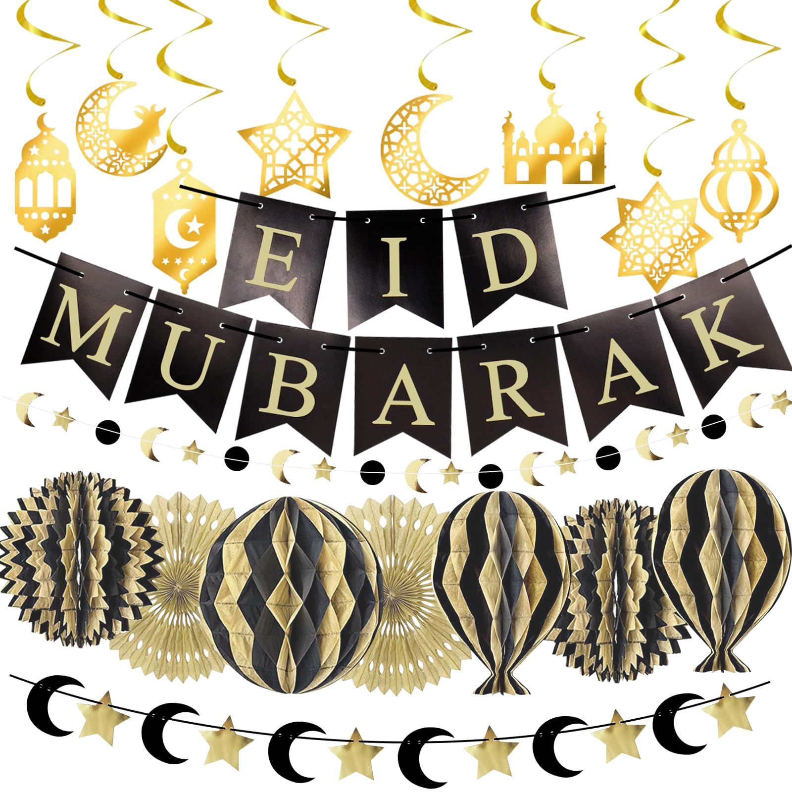 Eid Decorations for Home 2025 Set Ramadan Decorations Eid Mubarak Banner Bunting Gold Honeycomb Ramzan Umrah Eid Mubarak Decorations Moon Star Ribbon Hanging Decor for Islamic Muslim