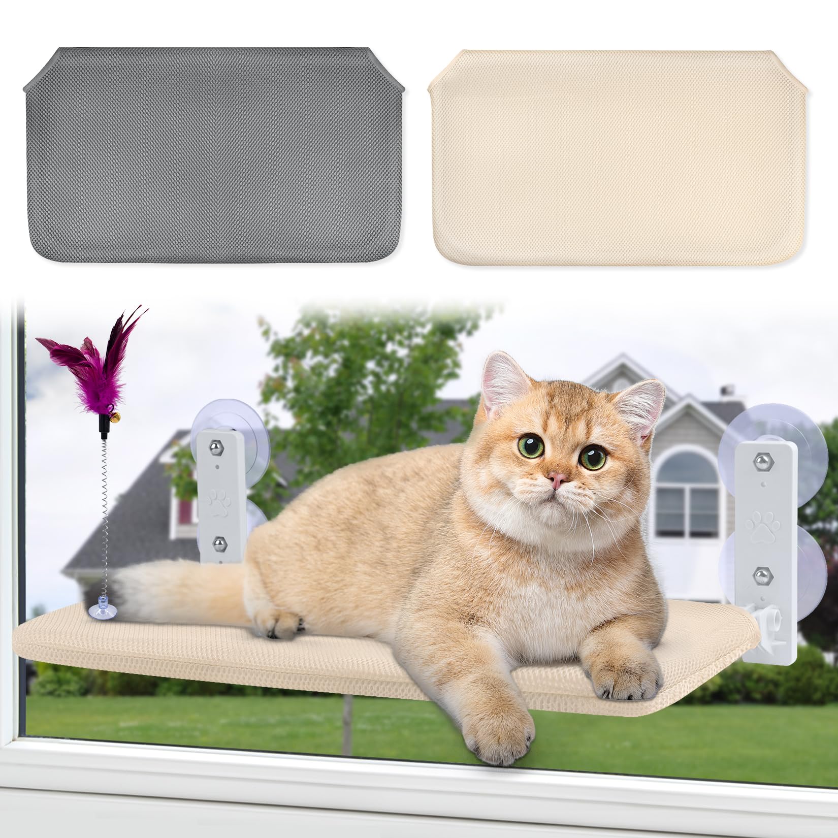Hamaca Gato Ventana Cama Gato Ventana Hamaca Gato 2 Fundas de Tela extraíbles y Lavables 52x30cm,Malla Beige+Gris