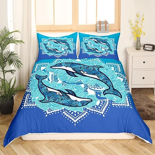 Juego de ropa de cama de delfín, tamaño King, funda de edredón de mandala bohemio para niños, adolescentes, niños, niñas, vida marina, animales,