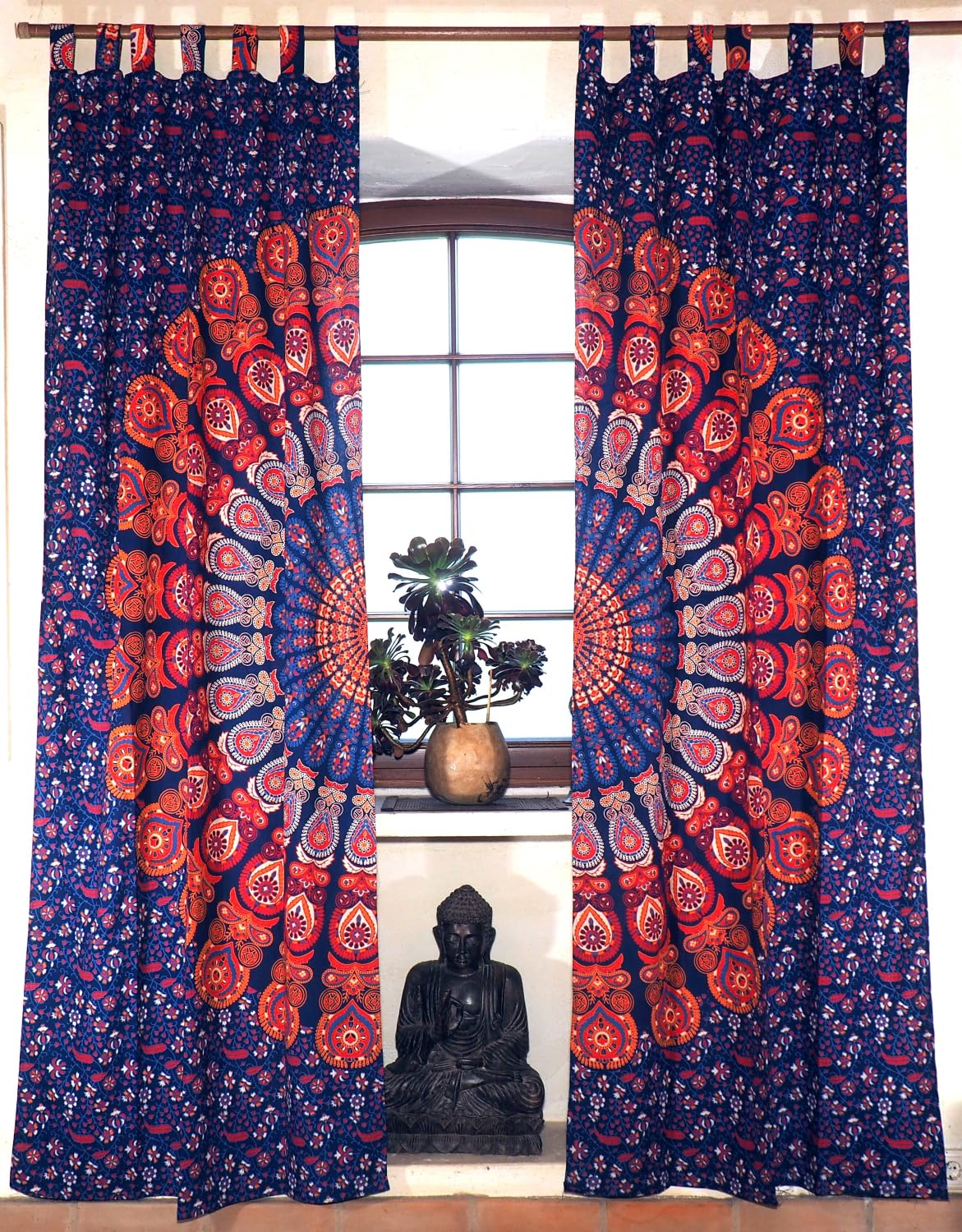 GURU SHOP Boho Vorhänge, Gardine mit Schlaufen, Mandala Motiv, blau/rot