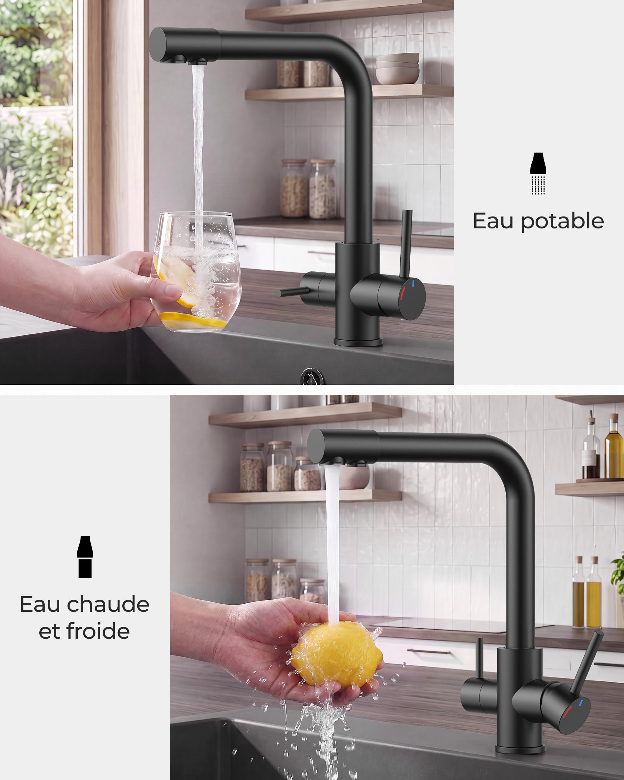 FORIOUS Robinet Cuisine 3 Voies, Double levier, Noir Mat