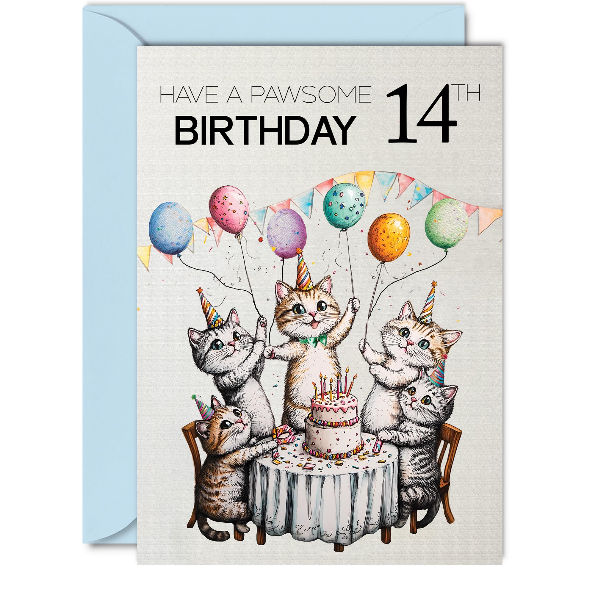 14th Birthday Card for Girls and Boys, Pawsome Party Cats Balloons