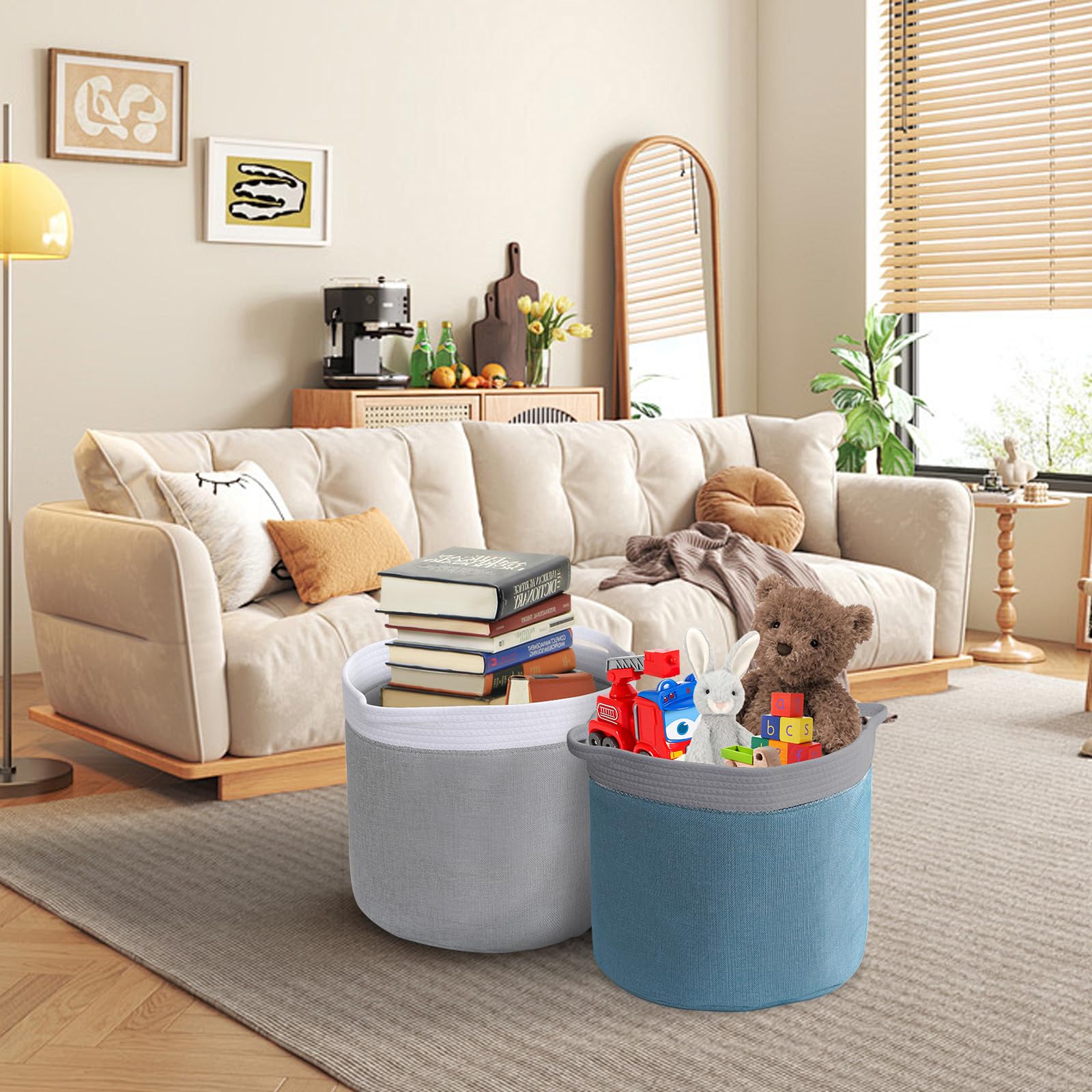 HOTOOLME 4er-Set Aufbewahrungskörbe Aus Baumwollseil & Leinen | 30,5x34 Cm | Geflochten, Faltbar | Für Bad, Schlafzimmer & Mehr