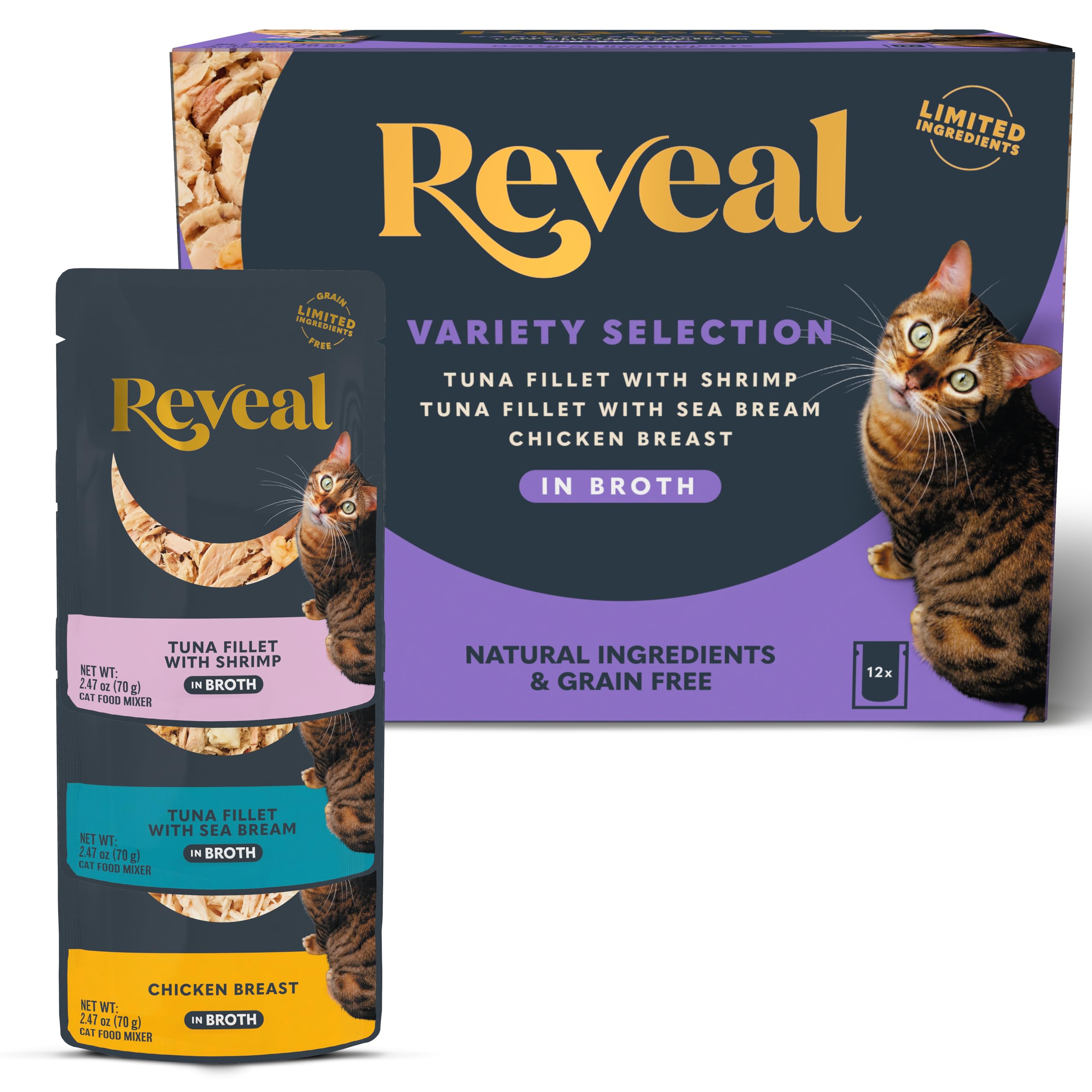 Reveal Natural Wet Cat Food, 12 Count, Grain Free, Limited Ingredient Cat Food Pouches, Fish and Chicken Variety in Broth, 2.47 oz Pouches