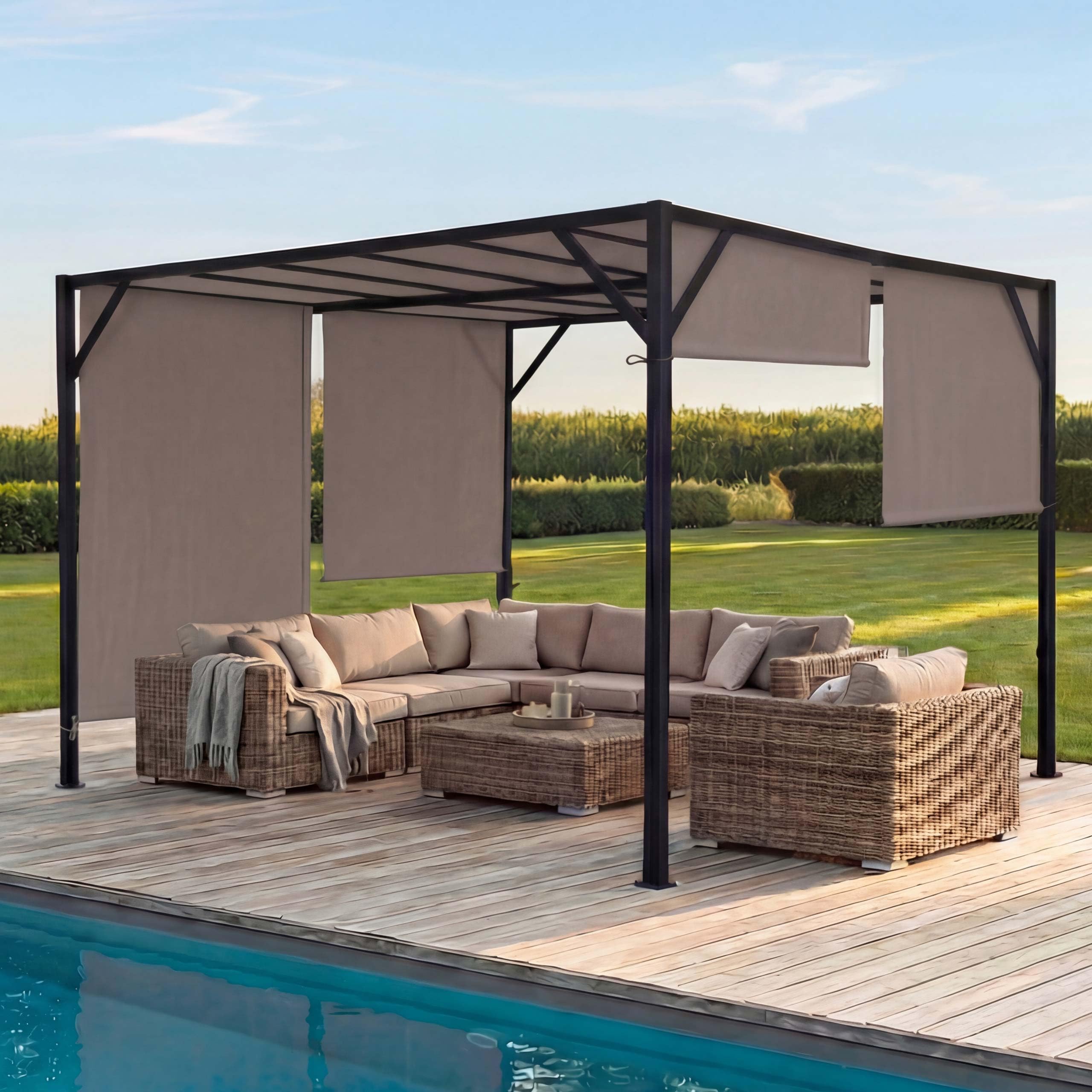 Gazebo pergola regolabile baldacchino moderno elegante giardino patio Baia acciaio poliestere - 4x4m marrone beige