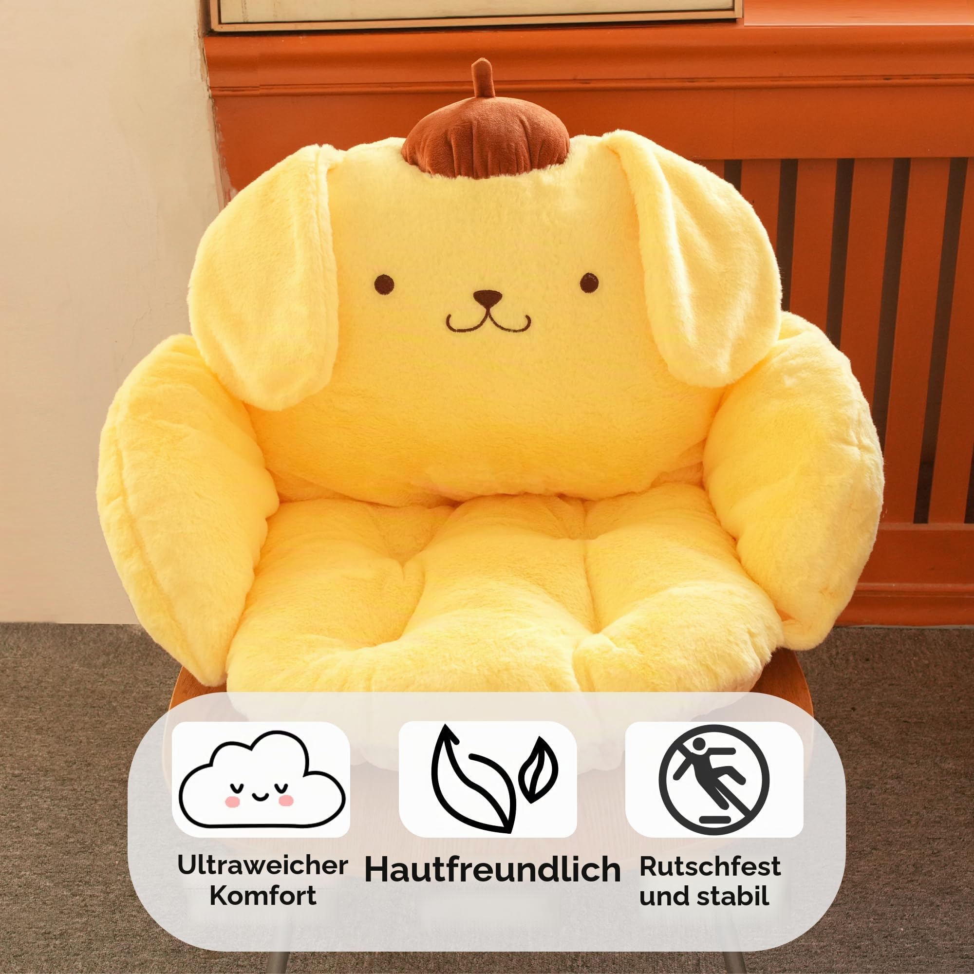Juju Gelbes Kawaii-Plüschkissen, Bequeme Stuhlkissen, Kawaii-Raumdekoration, Sitzkissen für Schreibtischstuhlkissen, Bodenkissen, Spielzimmer-Dekoration, Gaming-Schreibtischzubehör, Bodenkissen (POM)
