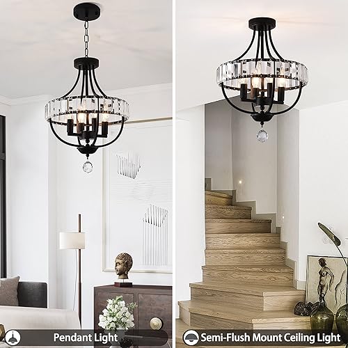 Miniatura 2 de PAPAYA Lámpara de araña de cristal para casa de campo, color negro, rústico, empotrada, para comedor, cocina, vestíbulo, pasillo, entrada,