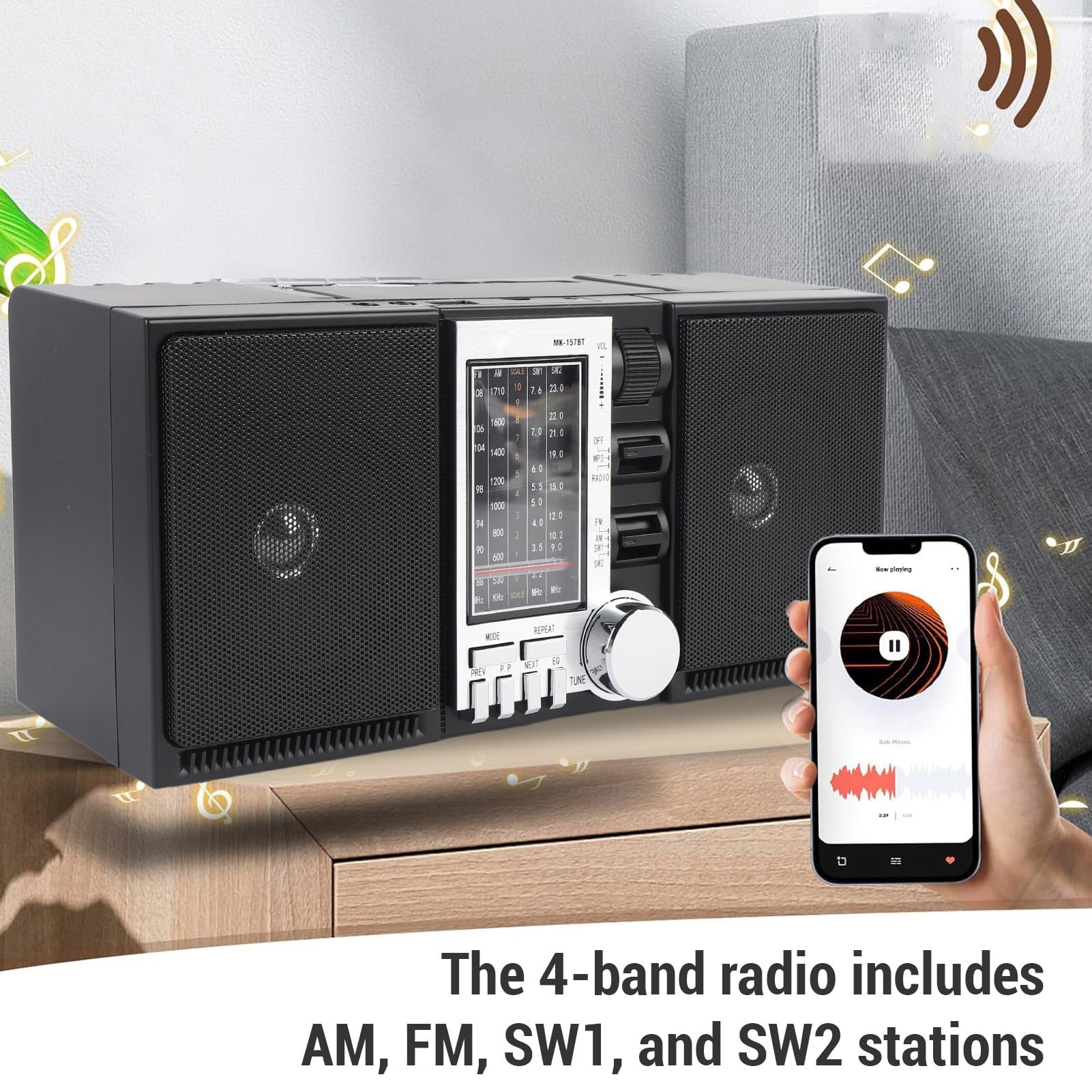 Radio Portátil Am FM SW con Altavoz Bluetooth, Radio Recargable con Pilas de 2400 MAh, Radios Am FM Portátiles, Pequeños Regalos para Personas Mayores (Enchufe de la UE)
