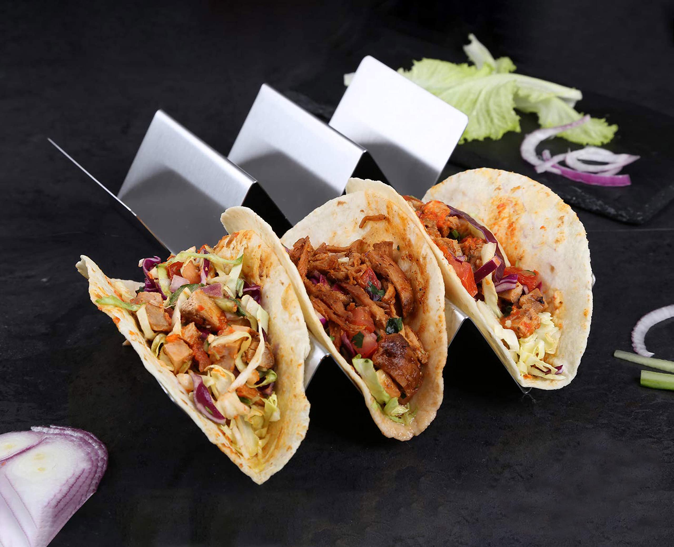 Amour Taco Holder Taco Stand Holds up to 3 Tacos Each as Plates Safe for Dishwasher Oven and Grill 4