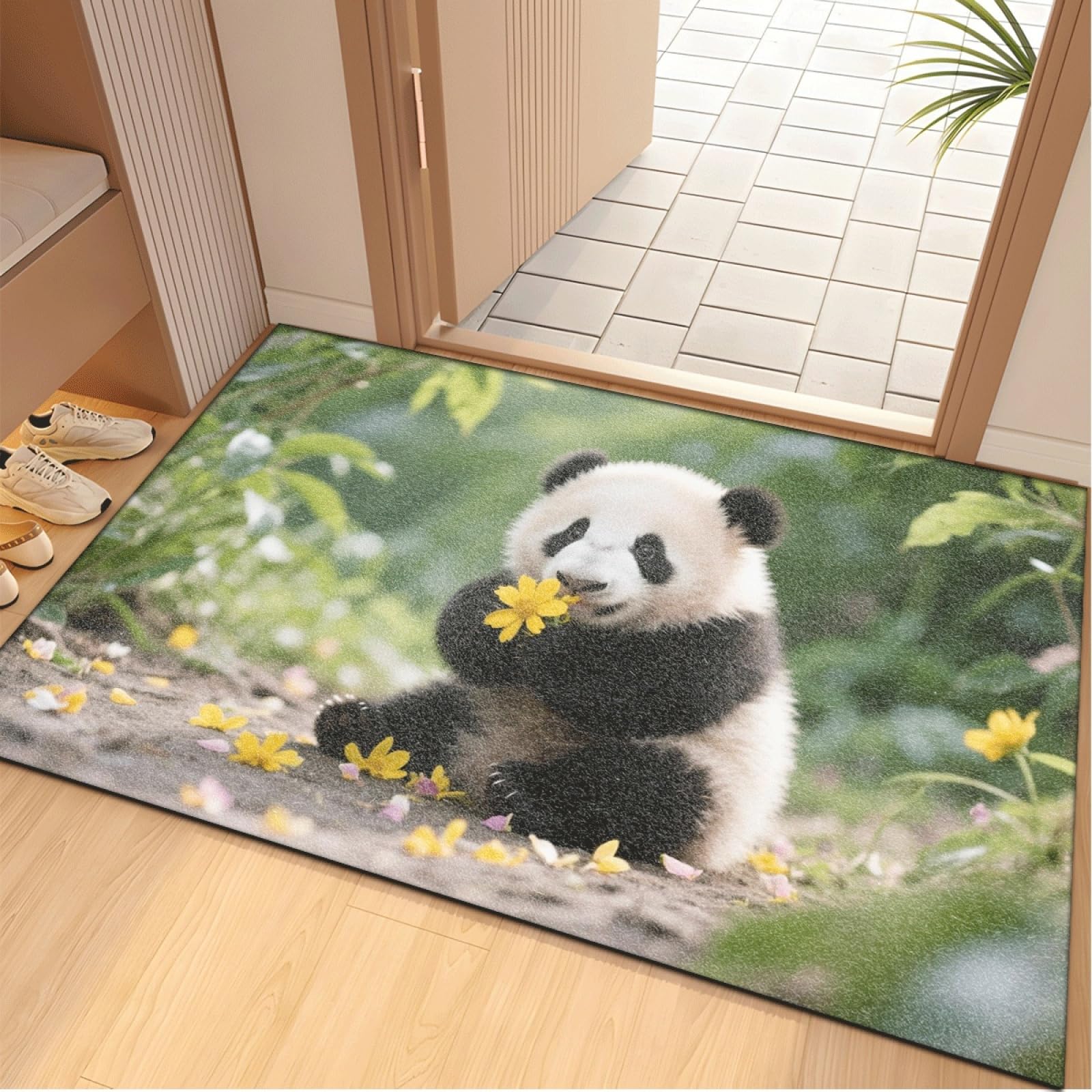 Fussmatte Innen 80x120 cm Gelbe Blume Panda Fussmatte Aussen rutschfeste für Hund Eingang Badematte Waschbar Schmutzfangmatte Strapazierfähige und Langlebige Fussmatten Haustür