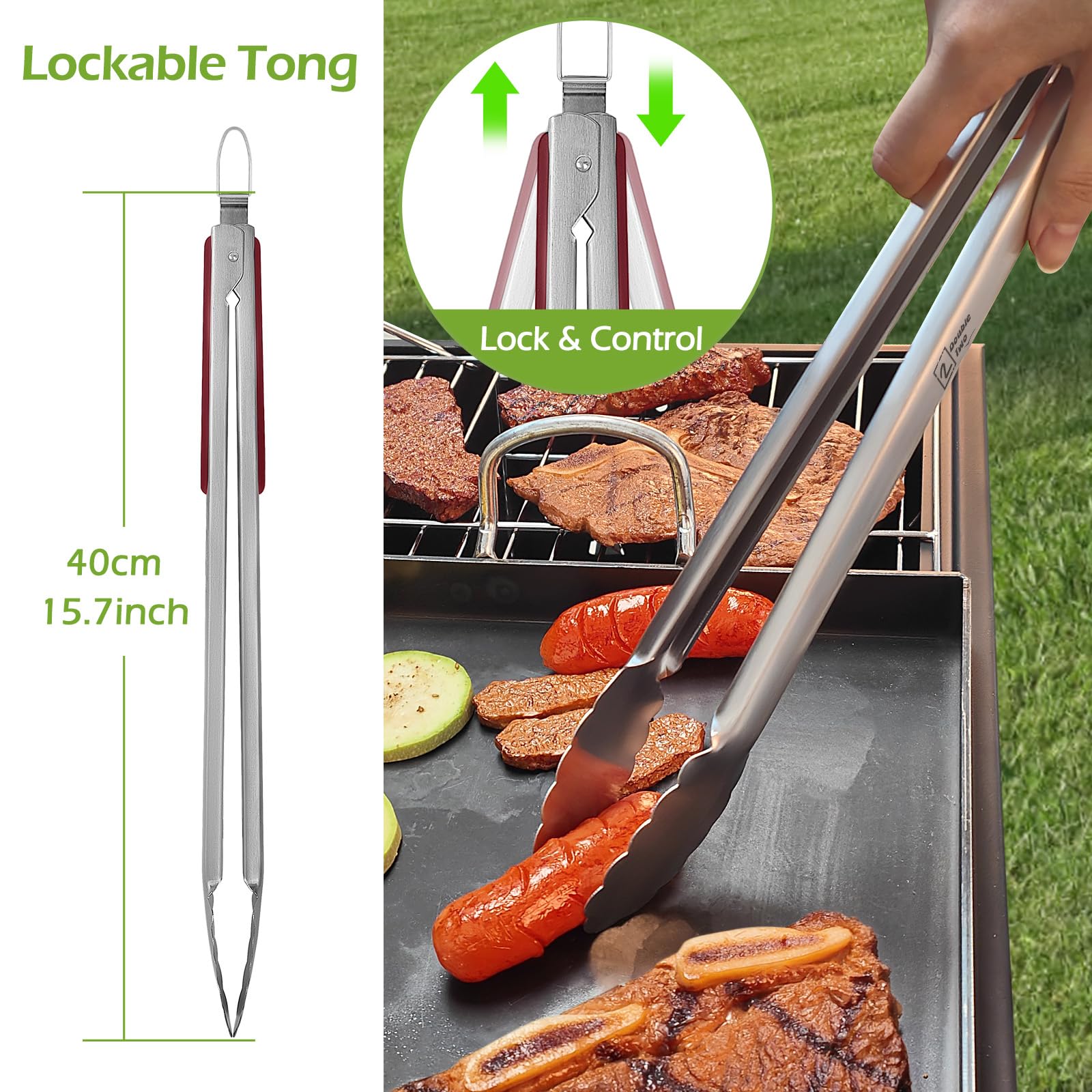 Juego de herramientas de barbacoa de acero inoxidable de 4 piezas, pinzas, tenedor, espátula, cepillo, utensilios para parrilla - Herramientas para asar al aire libre - Kits de barbacoa 4
