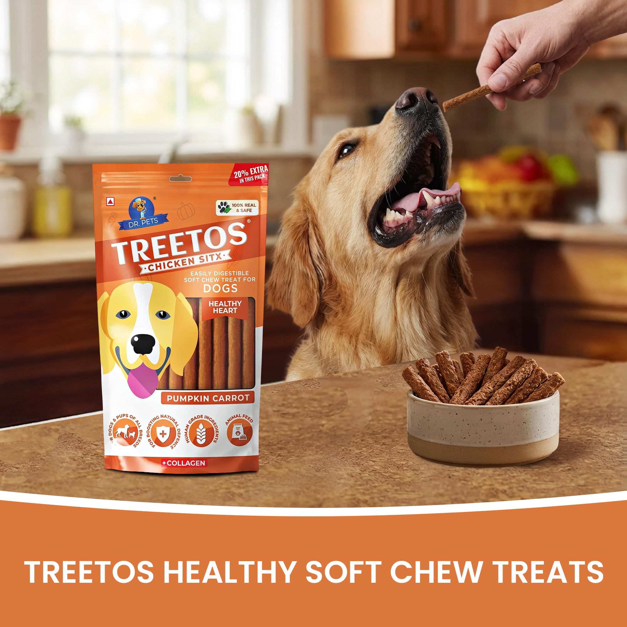 Dr. Pets 85g Treetos Chicken Stix Dog Treats | Pumpkin Carrot Flavour | Soft Chew Sticks for Puppies & Adult Dogs | Training Reward Snack | Easy to Chew | Pouch Pack