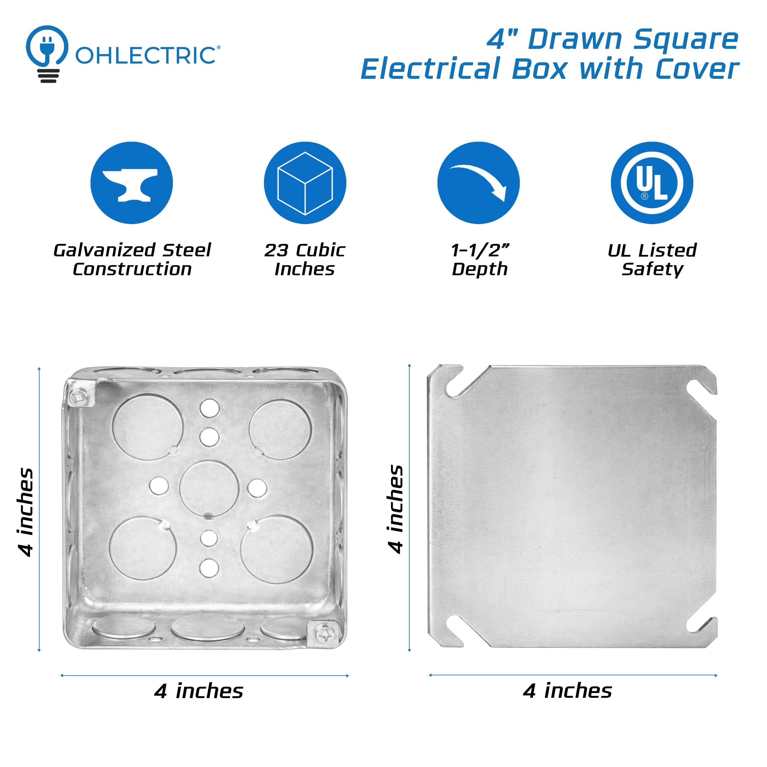OHLECTRIC Lot de 10 boîtes de jonction électrique 4 x 4 avec couvercles vierges plats de 3,8 cm de profondeur, 58,4 cm, boîtes en acier étirées très résistantes avec connecteurs de 1,27 cm et 1,9 cm
