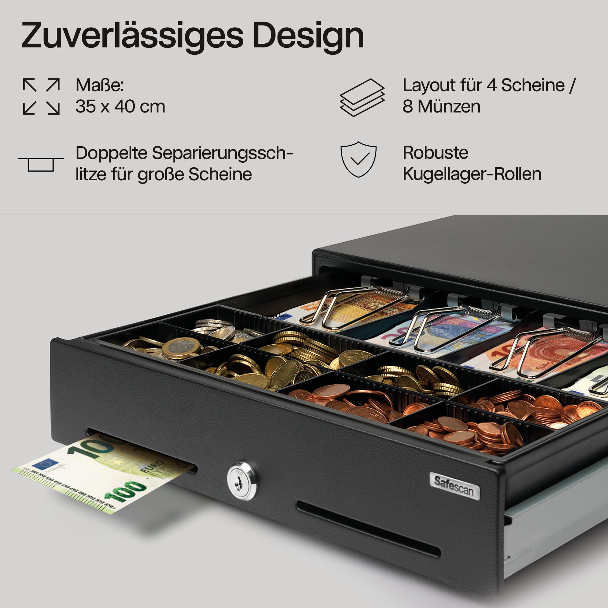 Safescan SD-3540 Standard-Duty Kassenschublade mit 4 Fächern für Banknoten und 8 für Münzen - Kassenlade mit RJ-12 Anschluss (z.B. Registrierkasse) - Solide Kassenschublade von 35 x 40,5 x 10,5 cm | SAFESCAN SD-3540, 8 Münzfächer / 4 Banknotenfächer