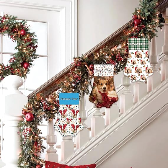 Customisable Christmas Stocking, Personalized Paw Christmas Stocking with Cat and Dog Picture and Name - Fireplace Hanging Christmas Decorations Gift 17 Inches